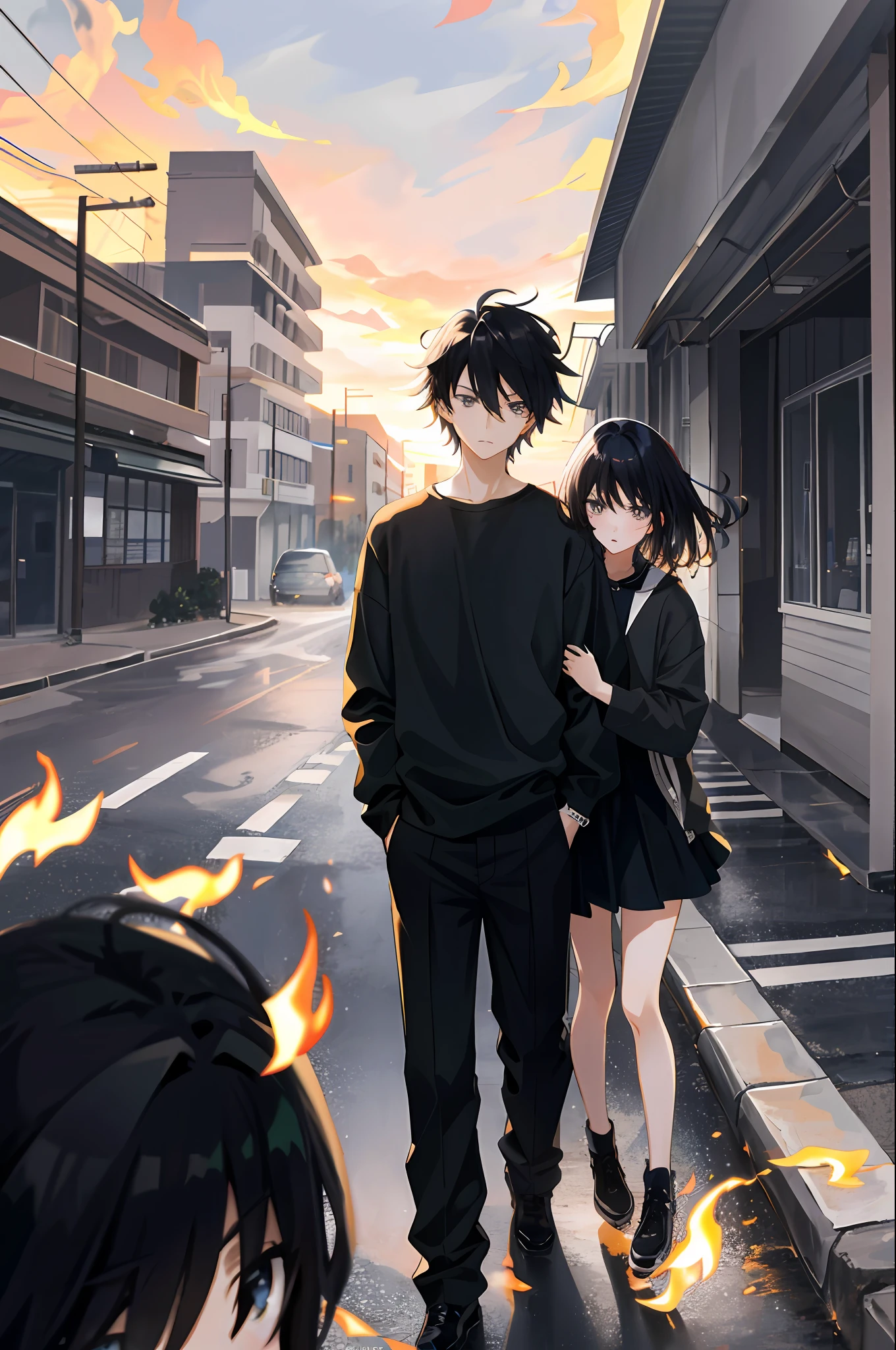 Anime, highest quality, extreme light and shadow, master composition, pair of couples, girl black hair gray eyes, cold sideways look, boy black hair black eyes, messy hair, unruly arrogant and cheap, background ruins, flames, beautiful sky, shadow enhancement