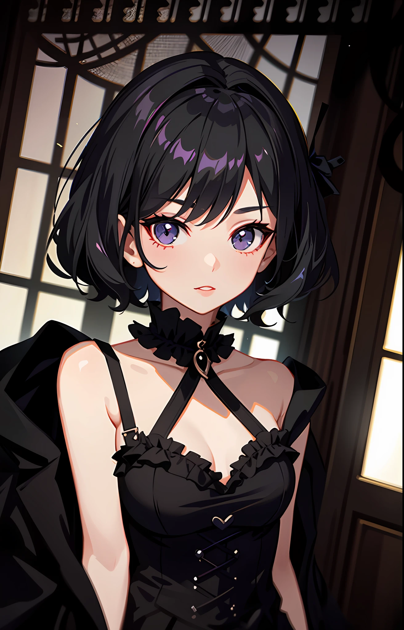 Beautiful girl, goth, short hair, black hair, dark eyes, lolita dress, gothic choker, intricate details, volumetric light, anime style --auto --s2