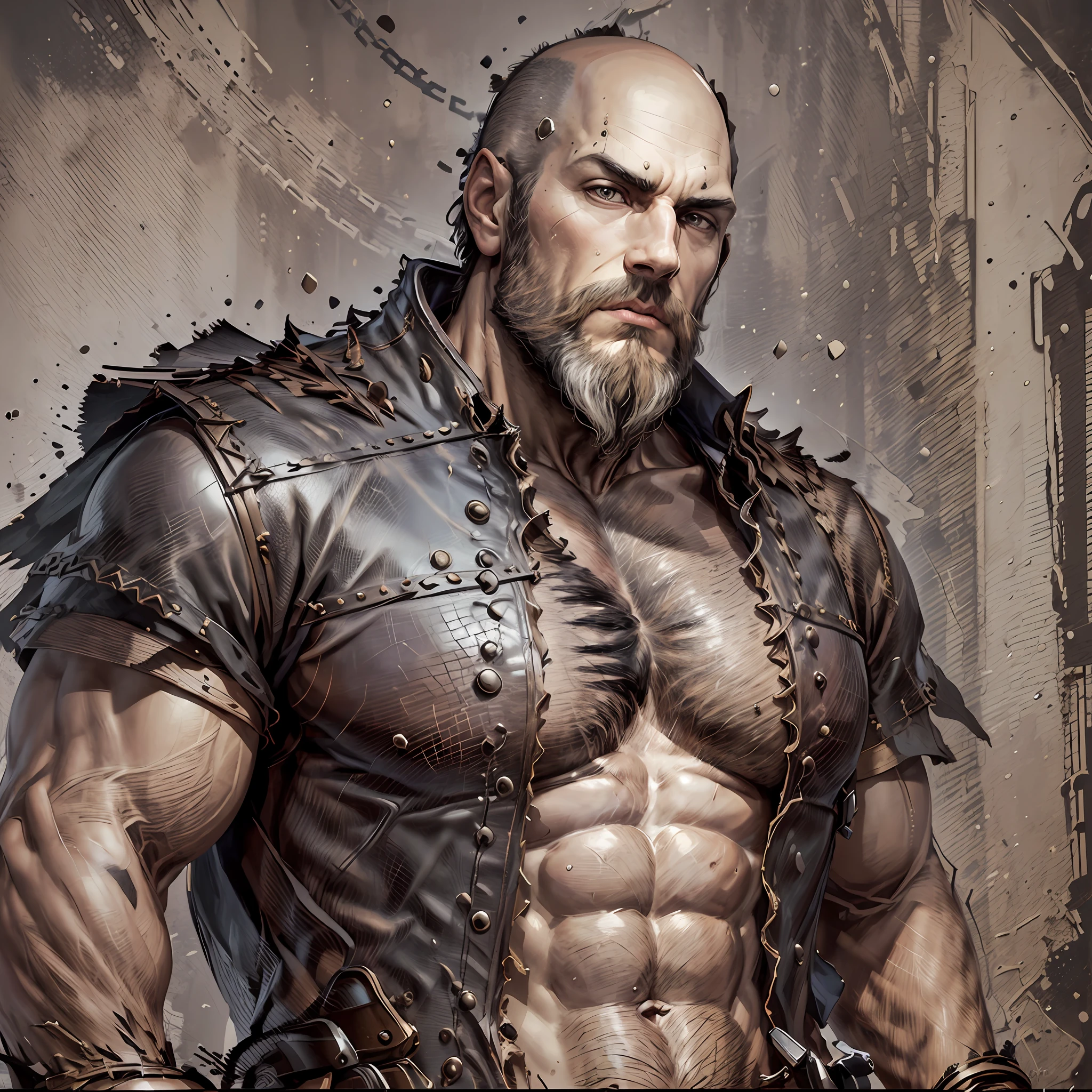 (masterpiece: 1.2, best quality), (adult: 1.2), , soil, upper body, naked eyes, (dark and black beard, bald: 1.2), leather clothes, strong, muscular and tall man, open chest, dark aura, intimidating posture --auto --s2