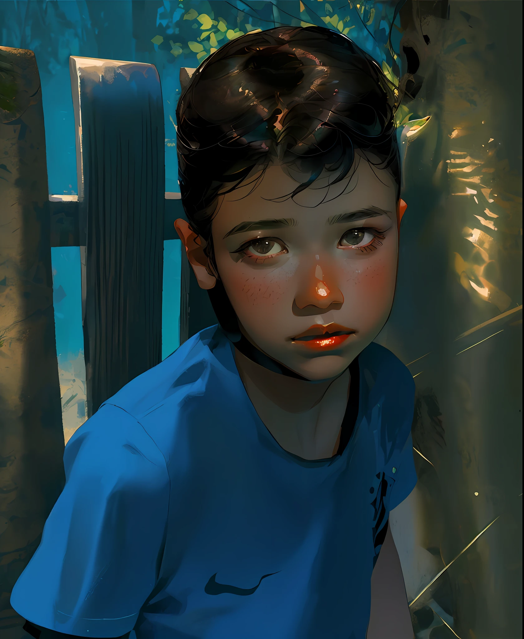 A seven-year-old boy, short black hair, black eyes, surrounded in a beautiful garden (perfect lighting in an outdoor environment)