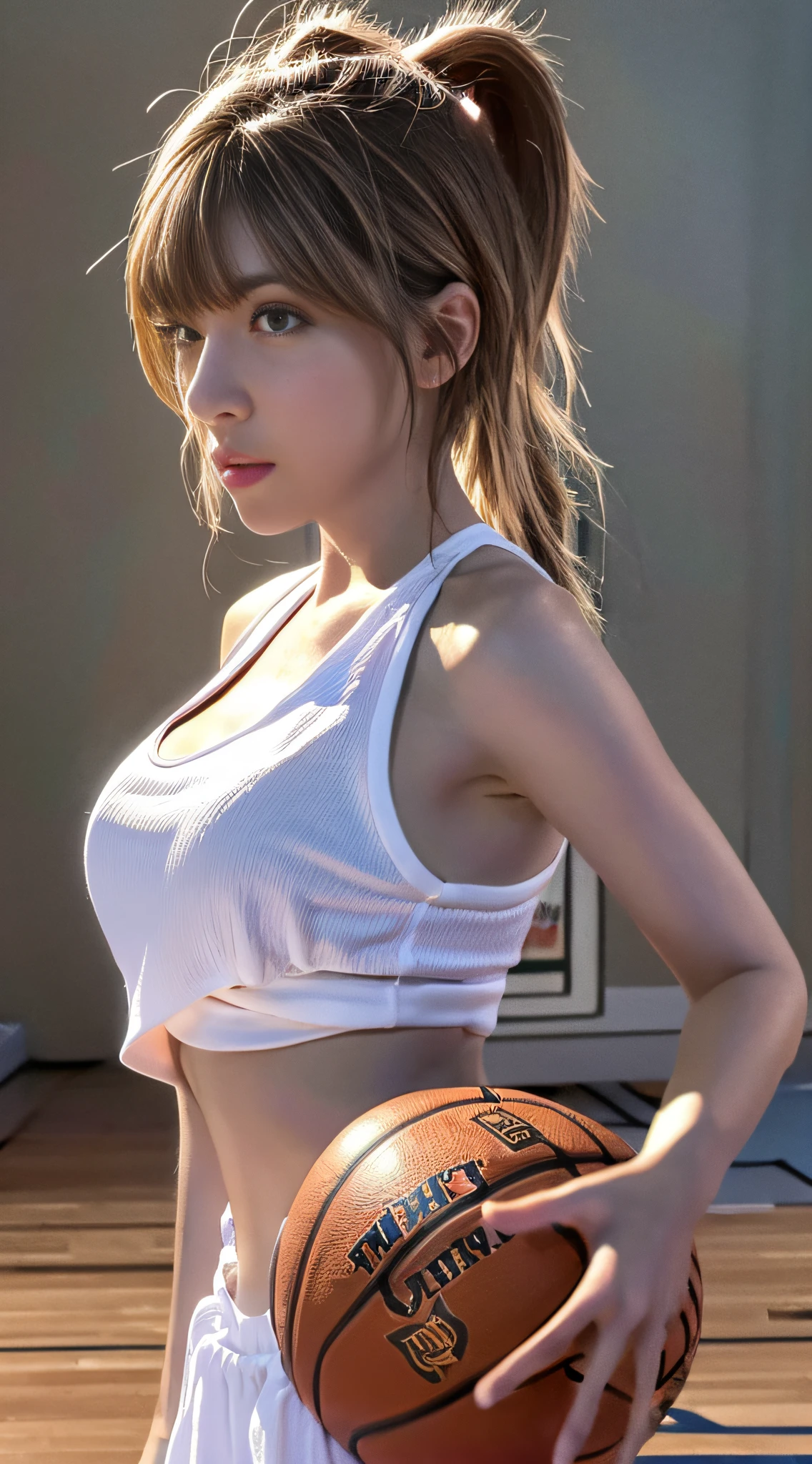 A beautiful girl on basketball court, surreal, UHD, textured skin, 8k, best quality