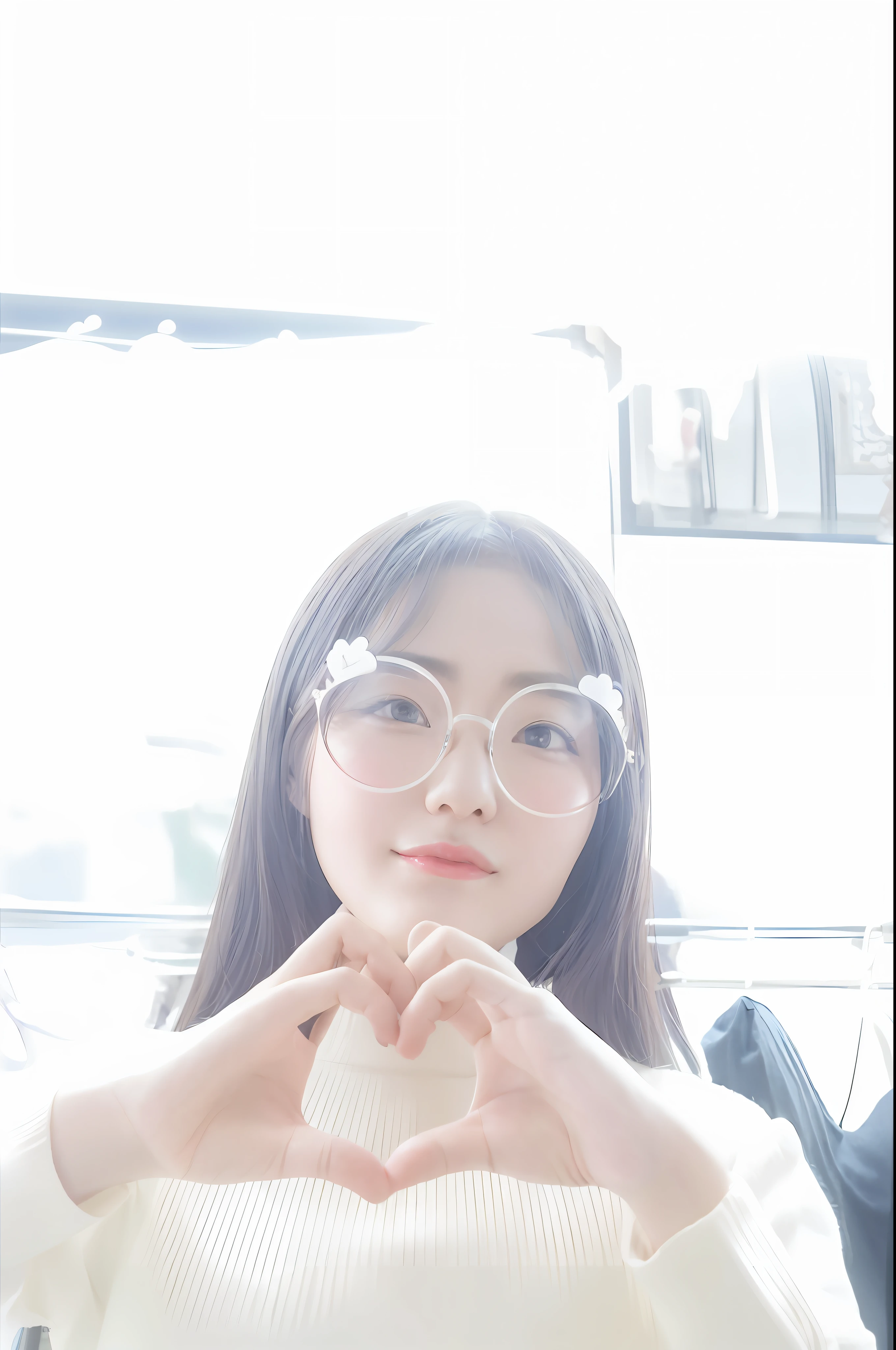 Best Quality, Masterpiece, Ultra High Resolution, There Is a Woman Heart with Hands, Glasses, Urzang, Clear and Cute Face, Very Very Low Quality Pictures, Instagram Filter, Very, Very Low Quality, Zhong Yuan Festival, Li Zixin, Wu Wu, 8K Selfie Photo, Wearing Small Round Glasses, Inspired by Ma Yuanyu, Face and Art Drawing, in Yeonnam