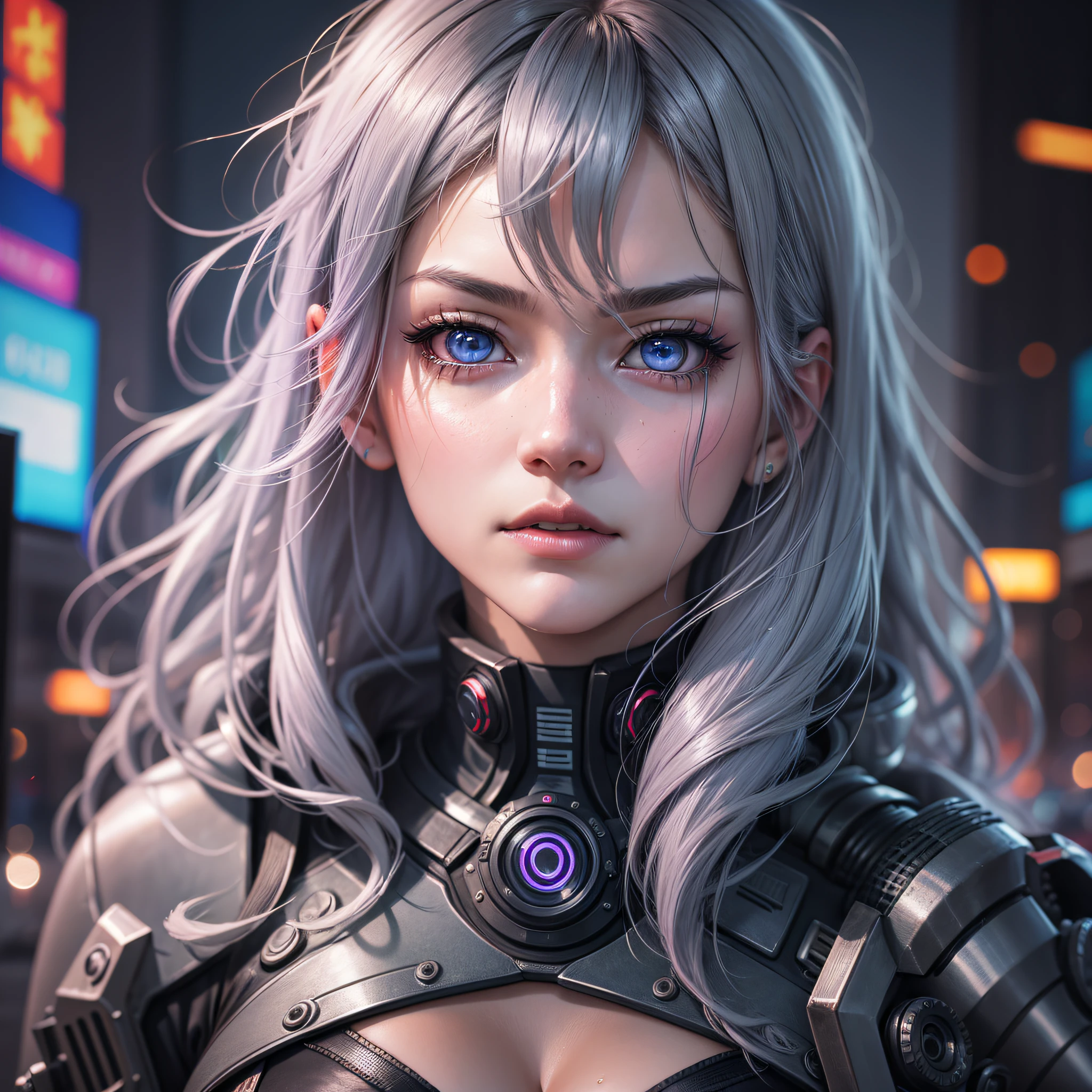 lucy \(cyberpunk\), girl, cosplay, city, serious, gray-haired, beautiful eyes, shiny eyes, beholder, night, from below, dark, wet, realistic hair, realistic lighting, soft color, close-up face, photo, headshot, photography, cinematic, depressed photo, raw photo, pureerosface_v1, ulzzang-ang-6500 --auto --s2