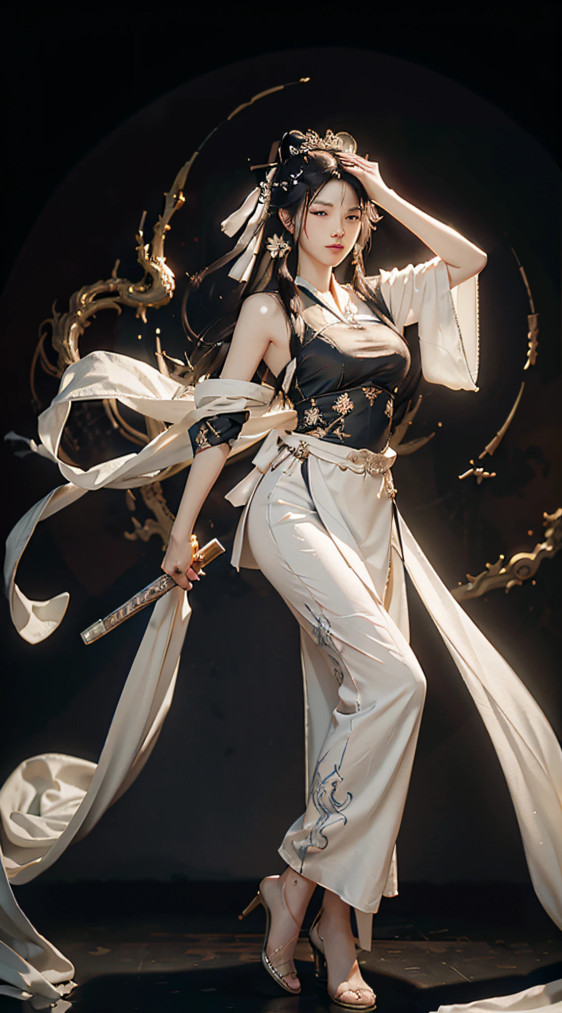 Close-up of a woman in a white dress holding a sword, portrait of Yang J, popularity of cgsociety, blindfolded with a black ribbon, fantasy art, beautiful figure painting, best quality, masterpiece, super high resolution, (realism: 1.4), original photo, portrait, half-body, super wide angle, Guwiz style artwork, Guwiz, white Hanfu, flowing white robe, full body martial arts, epic exquisite character art, stunning character art, beautiful female assassin