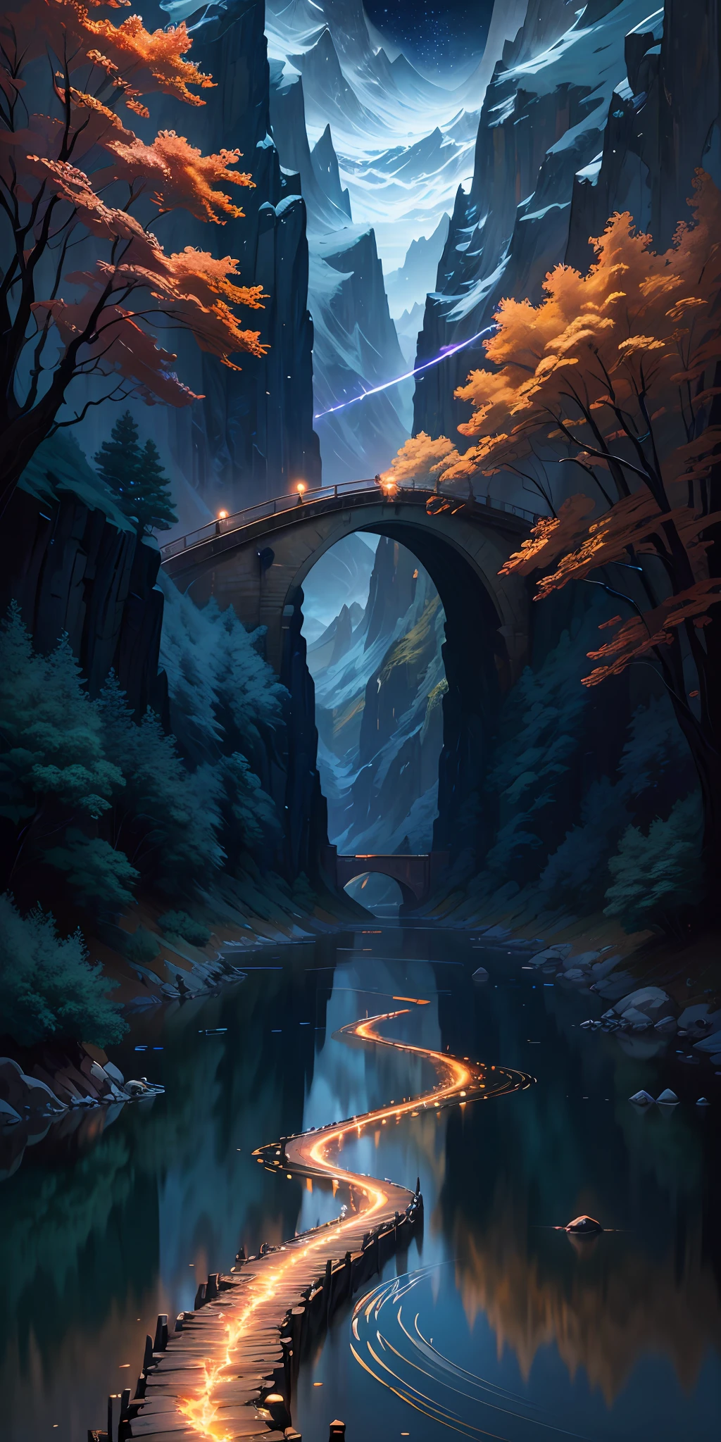 masterpiece, best quality, Night landscapes with mountains and rivers, fantasy, ethereal, painted by ryo takemasa, art nouveau, surrealism, anime, digital art, vibrant colors, dramatic lighting, detailed mountains, winding rivers, vibrant stars twinkling in the night sky, trending on artstation.