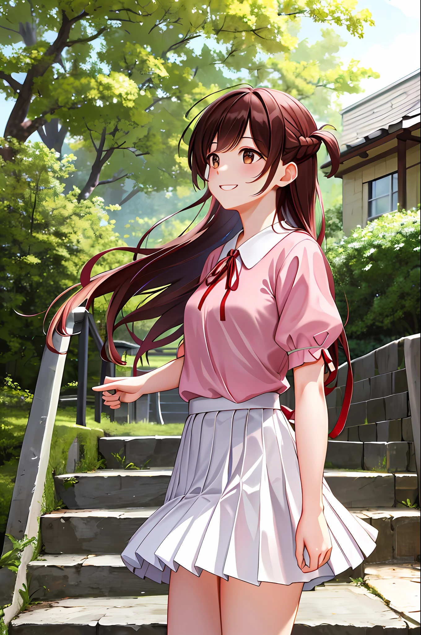 masterpiece, best quality, highres, chi1, 1girl, long hair, braid, one side up, solo, white skirt, red ribbon, pink shirt, pleated skirt, bangs, neck ribbon, puffy short sleeves,  cowboy shot, outdoors, smile, stair, tree, building,