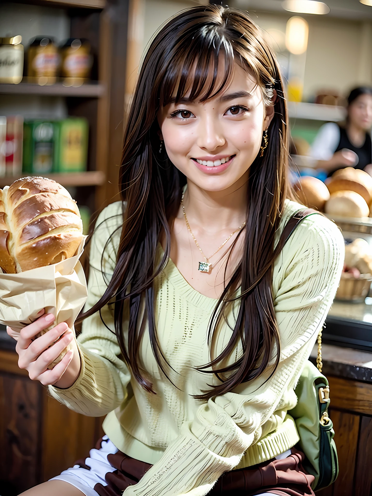 Perfect face and big breasts, lean face, thin eyebrows, brown hair, rolled hair, ((20-year-old girl with a slim and slender physique)), slender physique, lean !!!、 skin has detailed and very detailed eyes (1.1 emphasis), very detailed skin texture (1.1 emphasis). Necklace. Model photo style, photorealistic, skin texture is real human skin texture, detailed skin pores, intricate details, eyes very detailed. Adult date attire, dating, dating!!!、! Dream date, very detailed date, bread, bakery in-store. Black knitted sweater, jacket, rucksack, earrings. Full body, attractive sexy little bit, smile, strong smile, cute pose, sitting. Holding bread, eating bread, opening mouth, bursting out, laughing big, smiling. :2 --s2