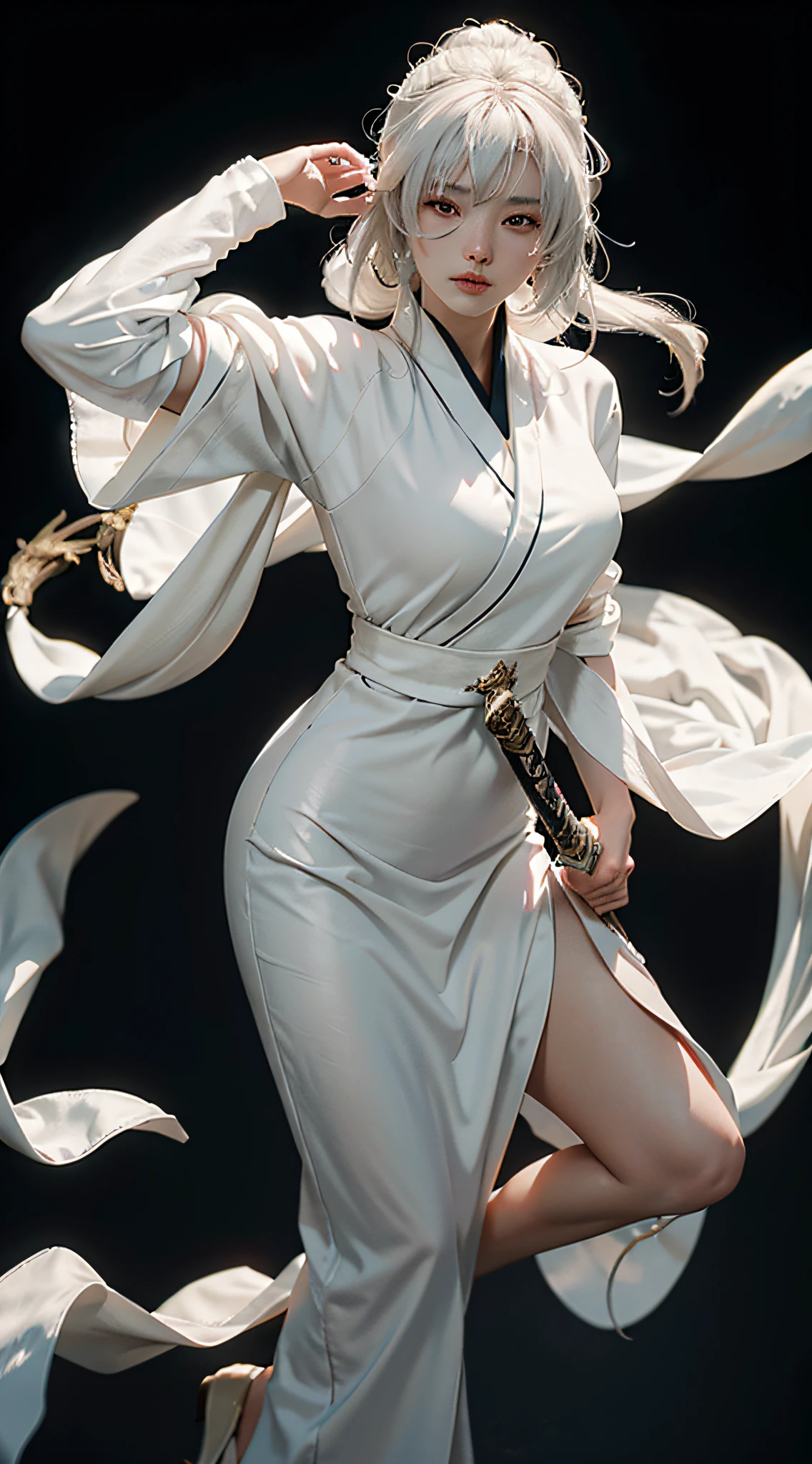 Close-up of a woman in a white dress holding a sword, portrait of Yang J, popularity of cgsociety, blindfolded with a black ribbon, fantasy art, beautiful figure painting, best quality, masterpiece, super high resolution, (realism: 1.4), original photo, portrait, half-body, super wide angle, Guwiz style artwork, Guwiz, white Hanfu, flowing white robe, full body martial arts, epic exquisite character art, stunning character art, beautiful female assassin