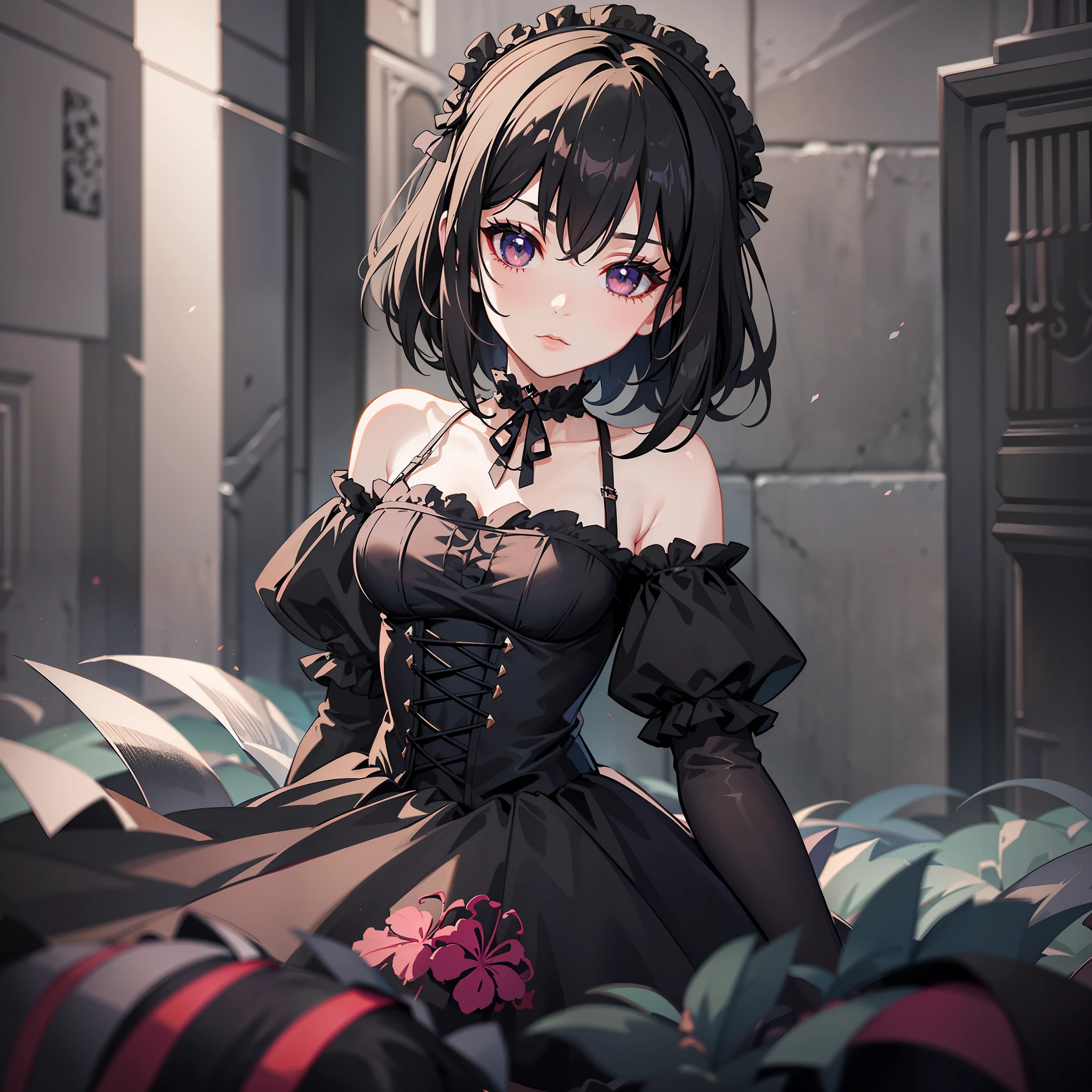 Beautiful girl, goth, short hair, black hair, dark eyes, lolita dress, gothic choker, intricate details, volumetric light, anime style