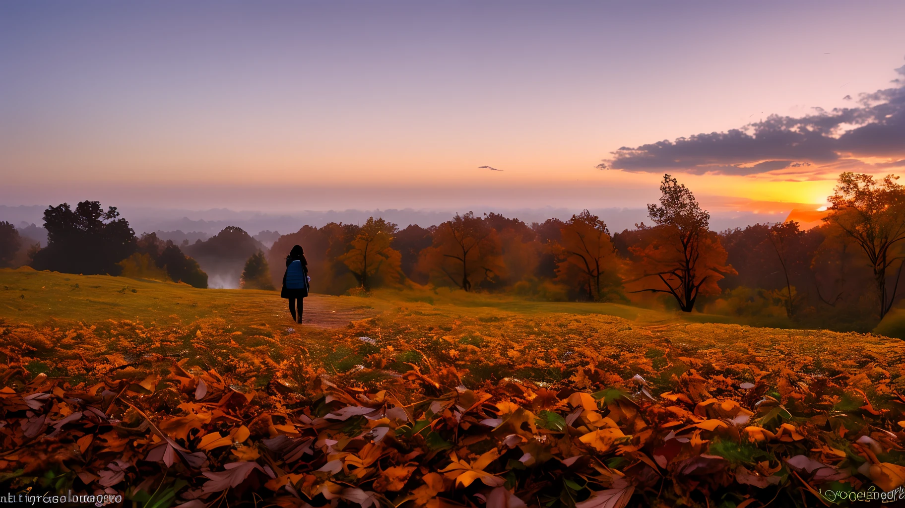 back view of a girl walking on A place with lots of leaves on the ground and autumn colors, masterpiece, best quality, high quality, extremely detailed CG unity 8k wallpaper, landscape with texture , , award winning photography, Bokeh, HDR, Photorealistic,extremely detailed, Intricate, High Detail, dramatic, extremely charming, calm place, perfect contrast, perfect lighting, dawn, mist, small water drops on leaves, sony camera