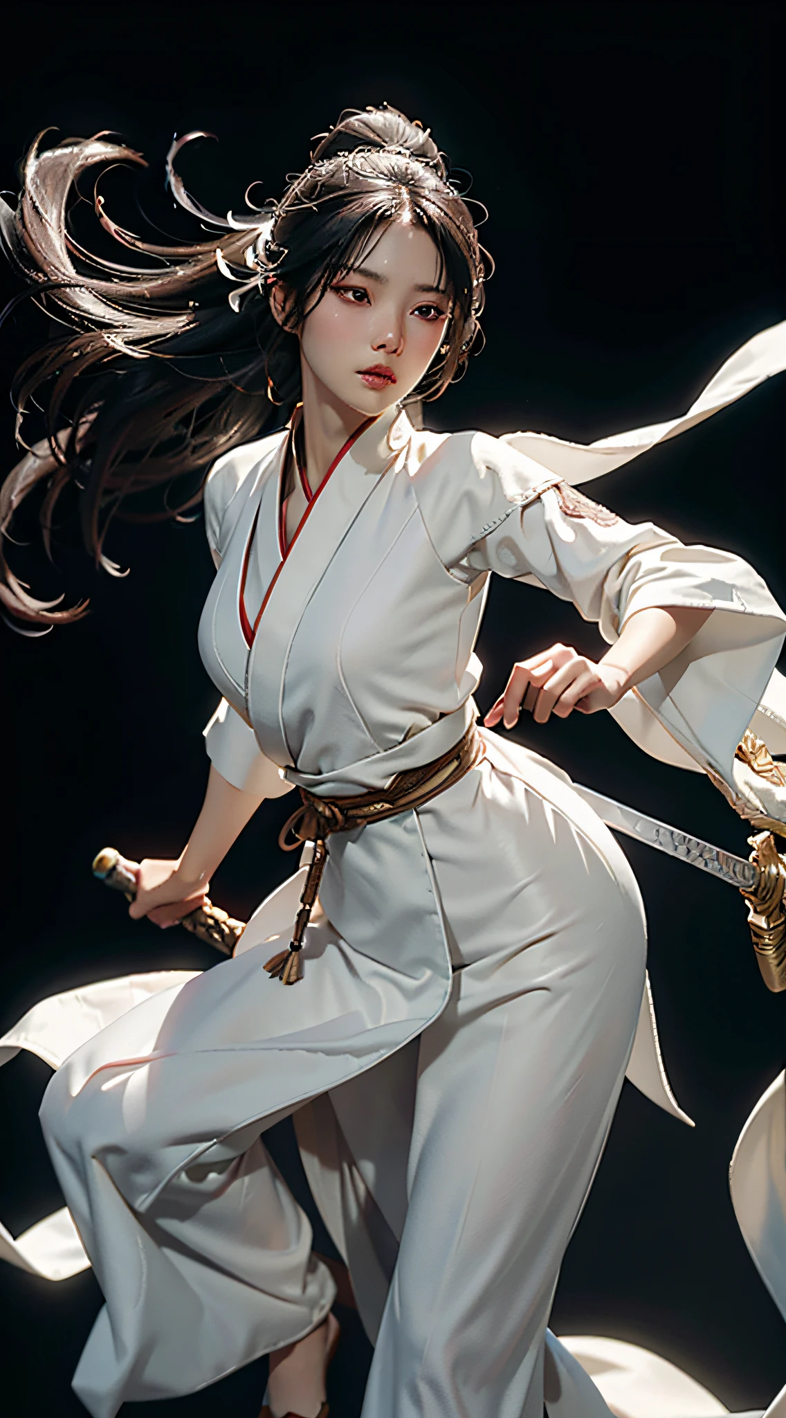 Close-up of a woman in a white dress holding a sword, portrait of Yang J, popularity of cgsociety, blindfolded with a black ribbon, fantasy art, beautiful figure painting, best quality, masterpiece, super high resolution, (realism: 1.4), original photo, portrait, half-body, super wide angle, Guwiz style artwork, Guwiz, white Hanfu, flowing white robe, full body martial arts, epic exquisite character art, stunning character art, beautiful female assassin