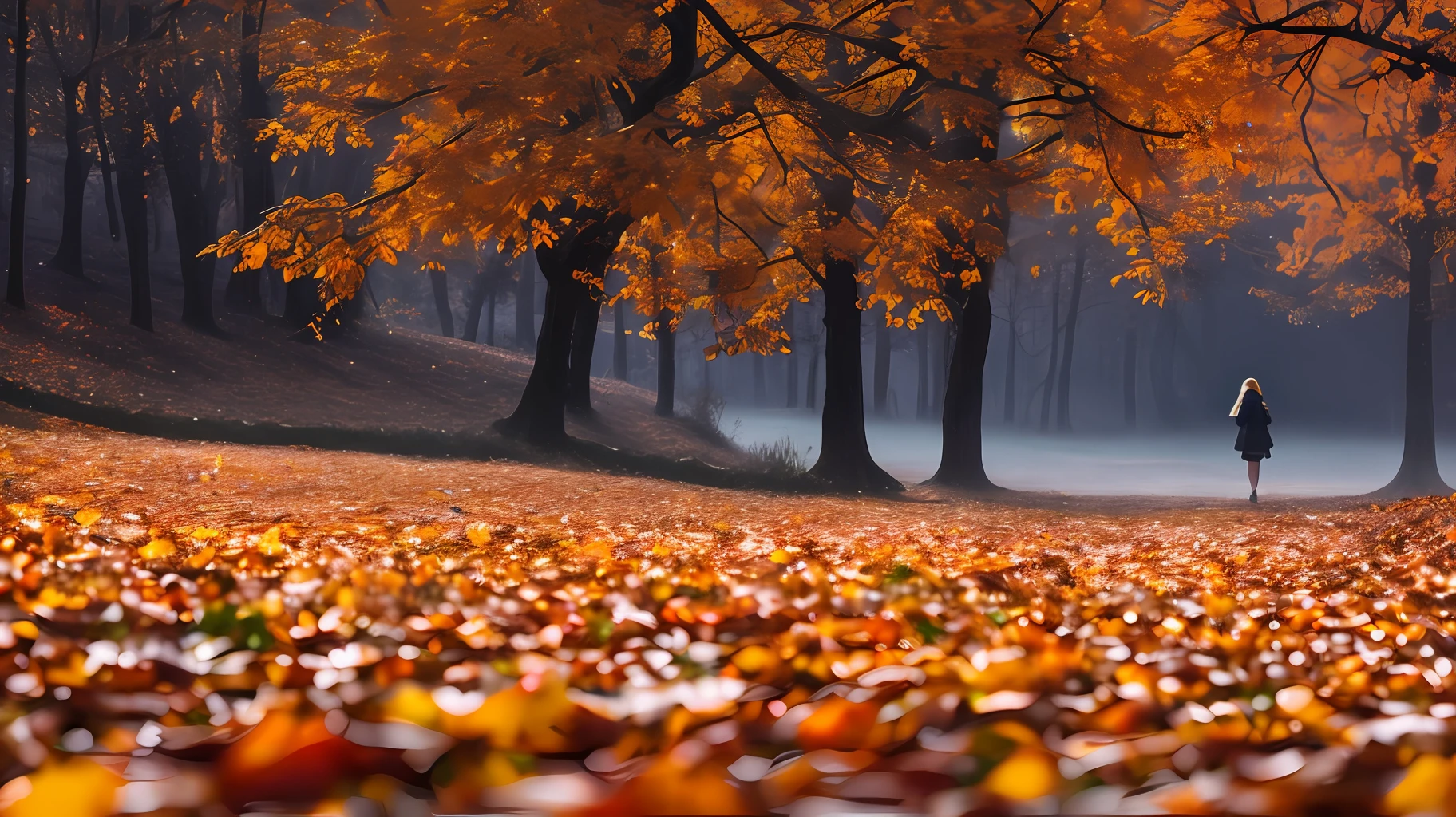 back view of a girl walking on A place with lots of leaves on the ground and autumn colors, masterpiece, best quality, high quality, extremely detailed CG unity 8k wallpaper, landscape with texture , , award winning photography, Bokeh, HDR, Photorealistic,extremely detailed, Intricate, High Detail, dramatic, extremely charming, calm place, perfect contrast, perfect lighting, dawn, mist, small water drops on leaves, sony camera