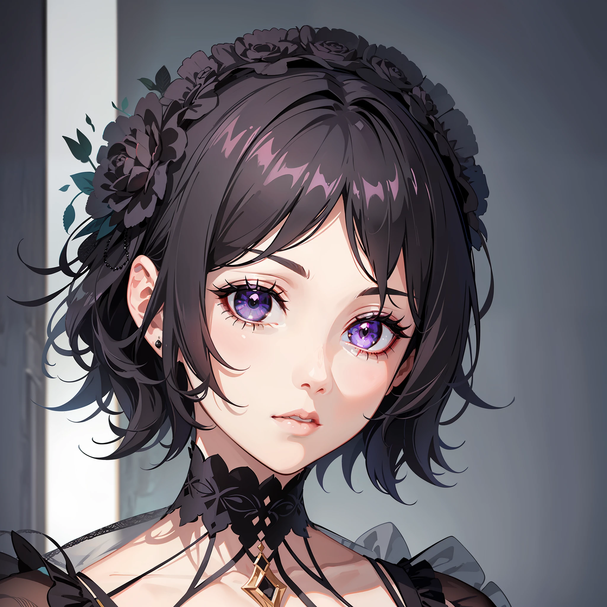 Beautiful girl, goth, short hair, black hair, dark eyes, ta dress, gothic choker, intricate details, volumetric light, anime style