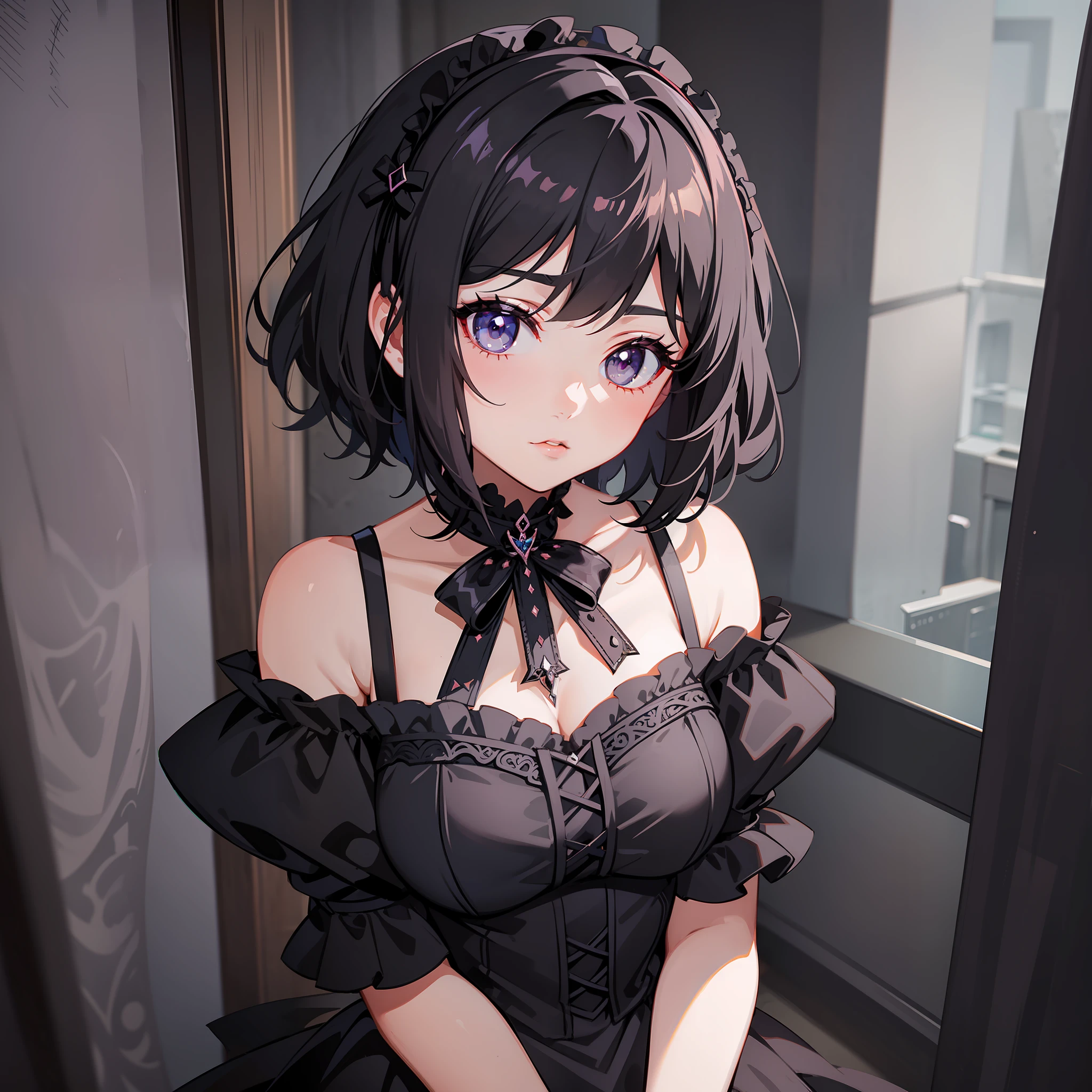 Beautiful girl, goth, short hair, black hair, dark eyes, lolita dress, gothic choker, intricate details, volumetric light, anime style