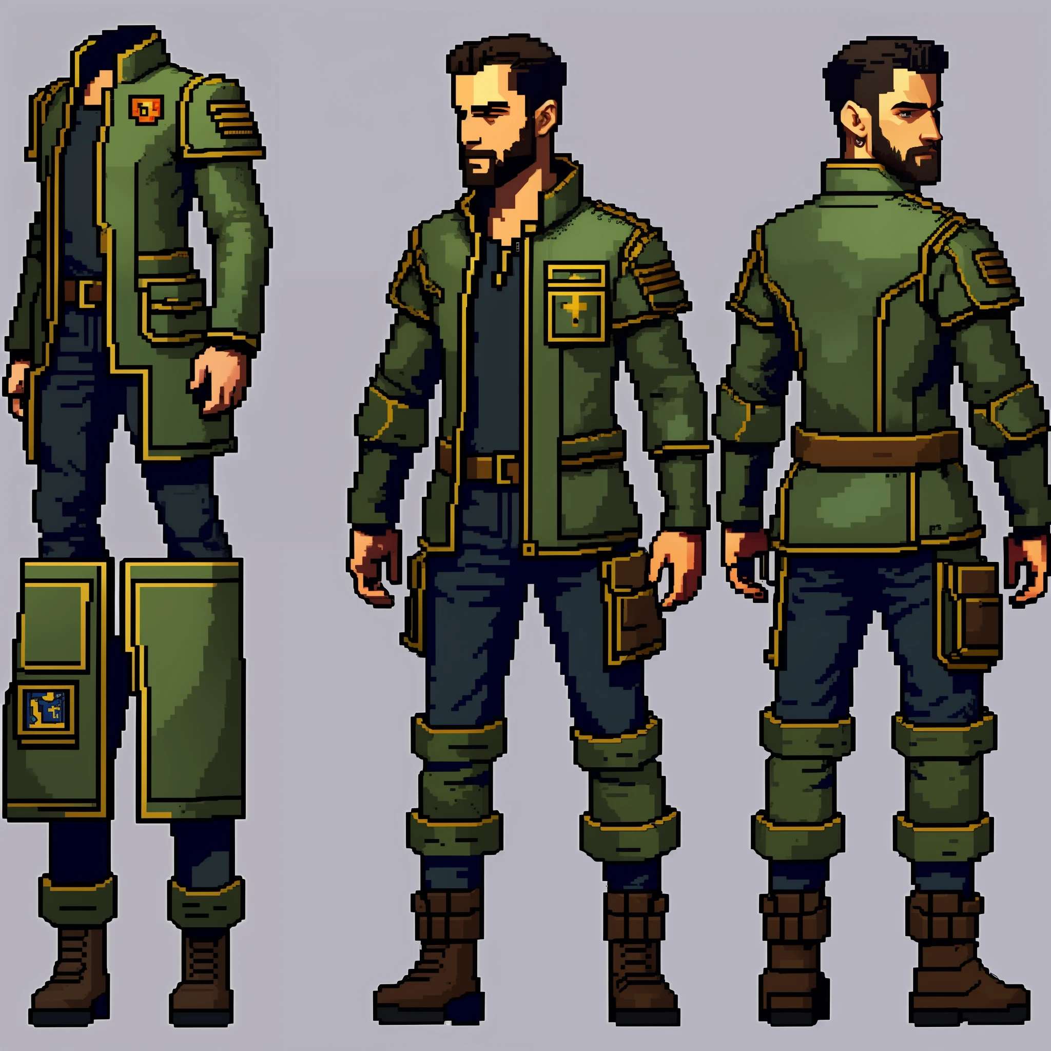 a old-russian-and cyberpunk-style-themed point and click adventure game character, full body, model sheet turnaround, two-thirds view, front view, back view, spritesheet, pixelart, realisic, HQ