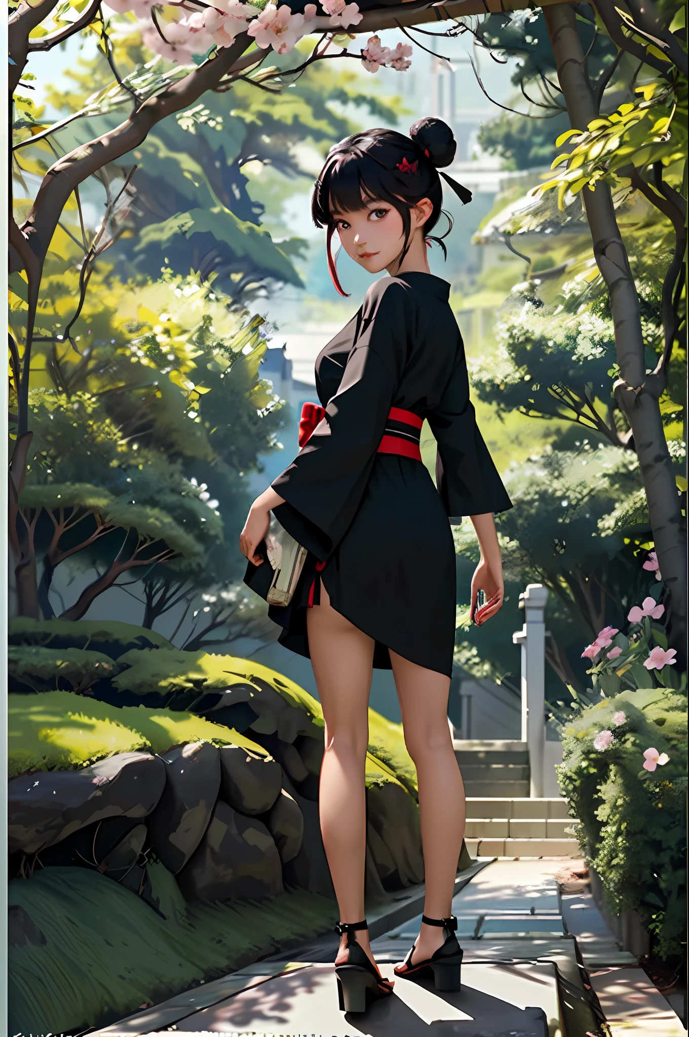 ((masterpiece, best quality)), slim 2 girls, black and very short dress to the butt, you can see the lower part of the buttocks under the kimono, black stockings, black ribbon, black hair, cherry blossom, day, flower, hair bun, hair band, long hair, looks at the viewer, looks back, several girls, obi, outdoor, red hair, ribbon, sandals, one hair bun,  stairs, standing, statue, torii, wood, delicate and sensual face, large shining eyes