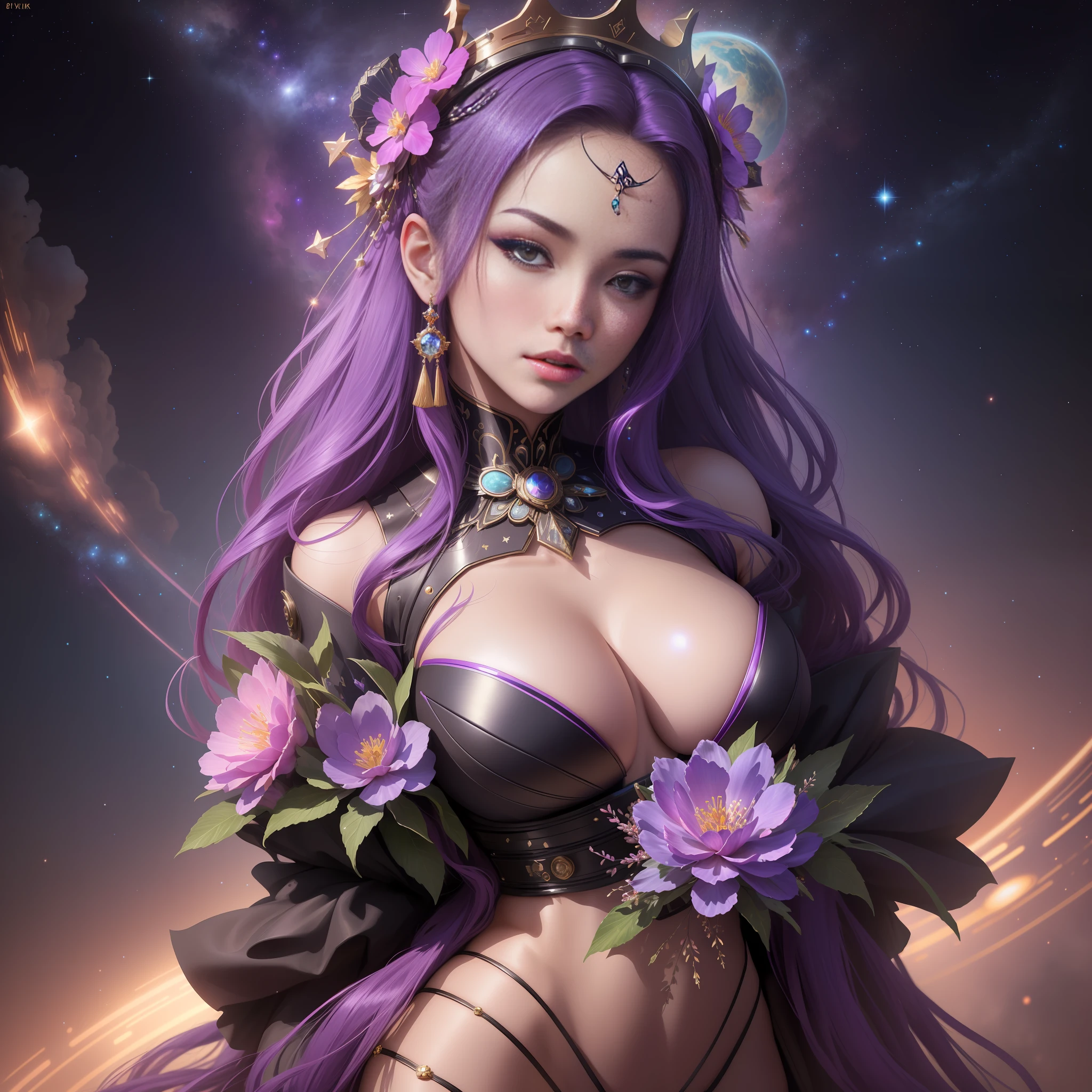"(...) ((Hyperrealistic, photorealistic, 8k, intricate details)) full body, 18-year-old cyberpunk jaspegeisha masters, beautiful and seductive, cyberpunk space goddess, hot girl, cyberpunk space queen, cyberpunk cosmic deity, cosmic perfection, with flowing hair, lush lips and wide, precious breasts, wearing a well-ornate sexy space kimono, wearing a crown of stars and neon flowers, is standing in an imposing pose with her hands on her waist on the surface of a planet no atmosphere, with an audacious and beautiful feature ((rocky details and starry sky stardust, nebulae)).
