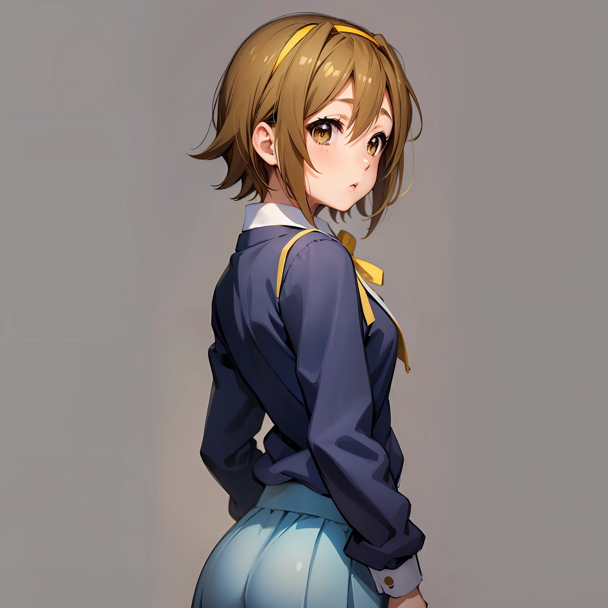 1girl, best quality, Ritsu Tainaka [K-ON!], simple background, minimalist background, simplistic background, minimalistic background, sakuragaoka high school uniform, short hair, hairband, yellow hairband, Parted bangs, from behind, wide hips, butt, large butt, large ass, suggestive