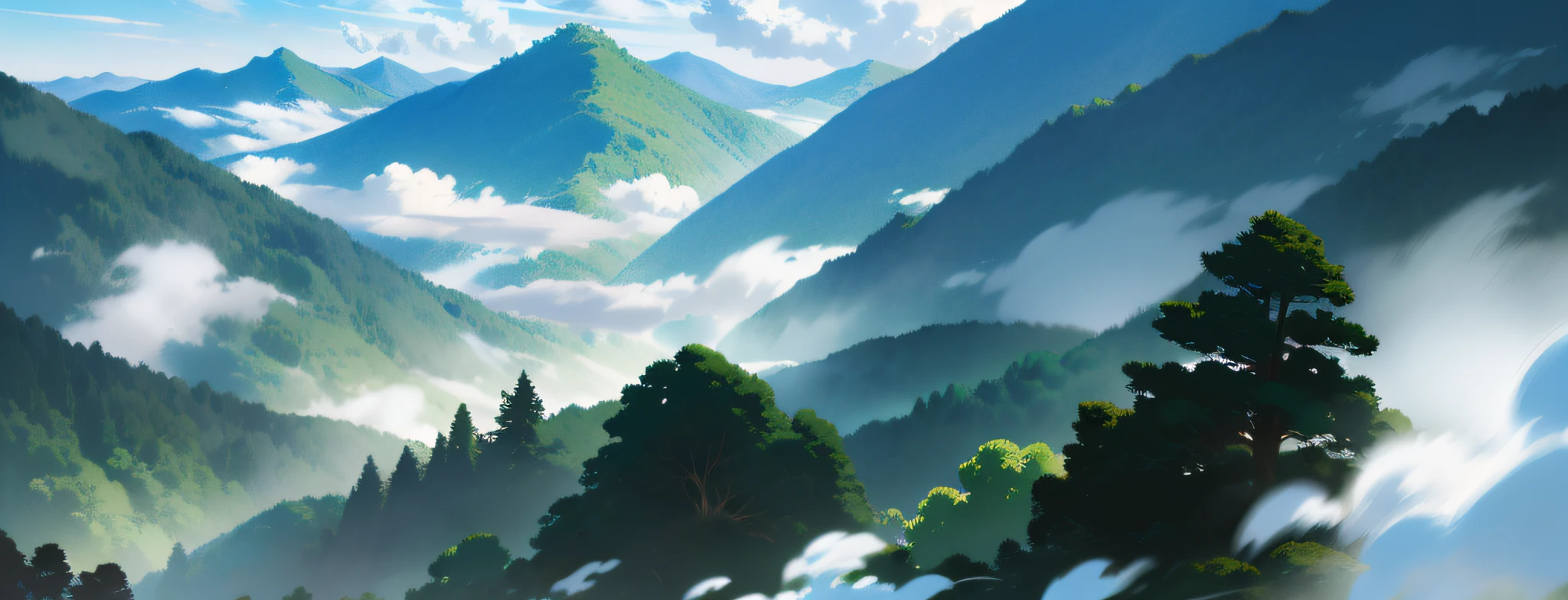 ((masterpiece)),((best quality)),((high detial))studio ghibli, dynamic shaped mountains, clowds, forest,