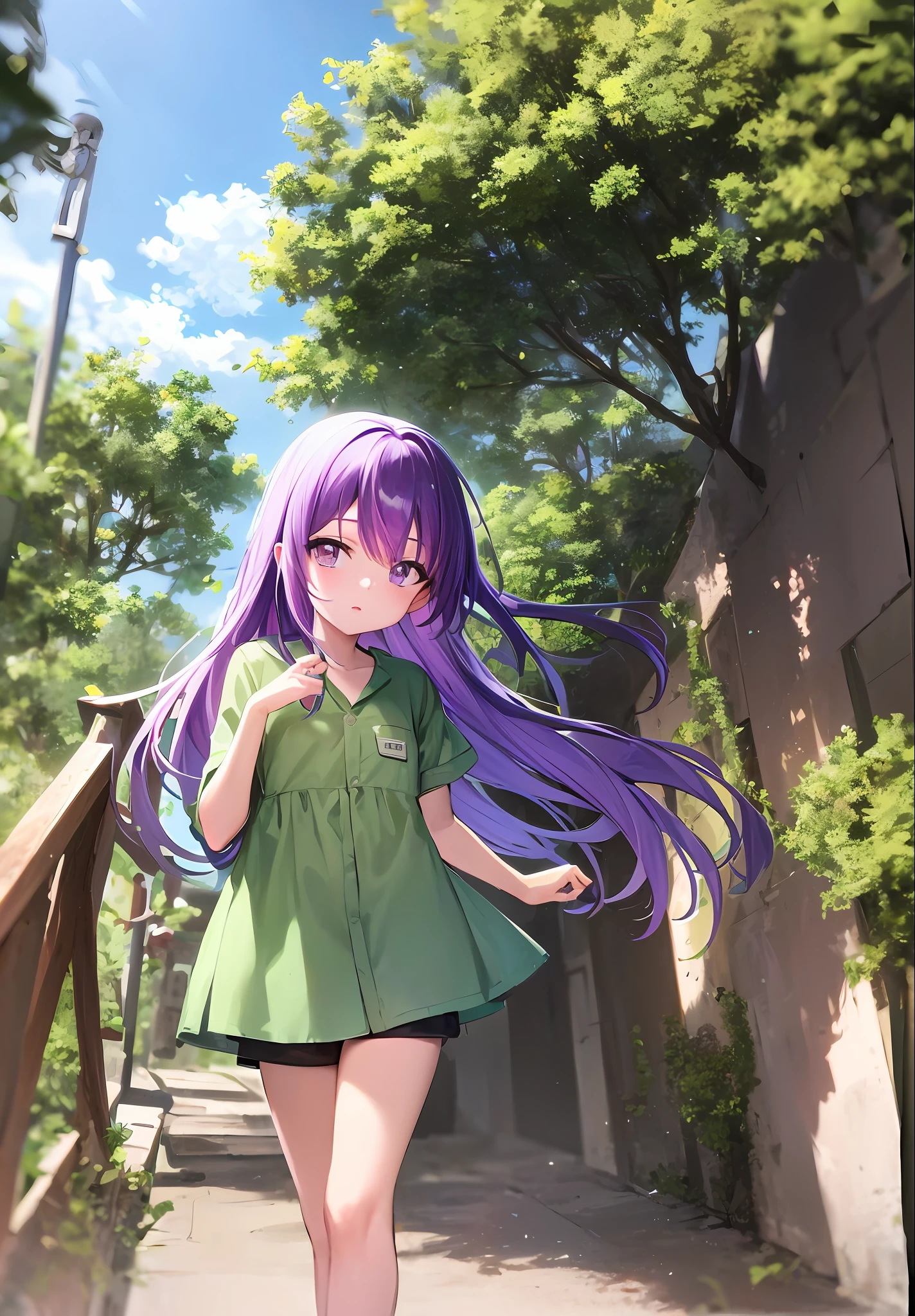 Anime girl with purple hair and green shirt walking down the street, petite girl, anime moe art style, cute girl anime visual, gwise, official artwork, Misato Katsuragi, official art, gvaiz style artwork, smooth anime CG art made in anime painter studio, very detailed official artwork, young anime girl, anime style 4k, Base non-changeable, fine-grained, , girl (ancient ruins), height 130 cm
