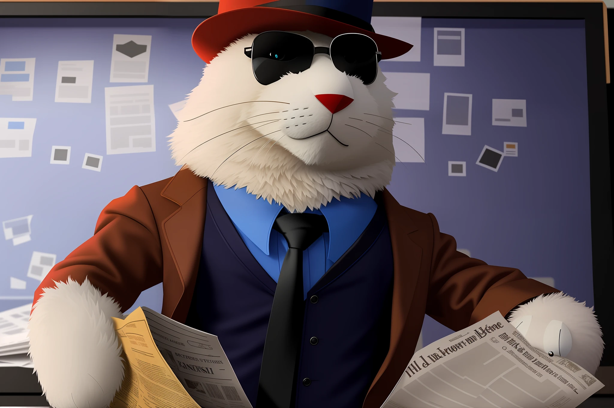 stuffed animal dressed in blue shirt and black tie and brown overcoat holding a newspaper, anthropomorphic cat, an anthropomorphic gangster cat, PELLUCIA STYLE