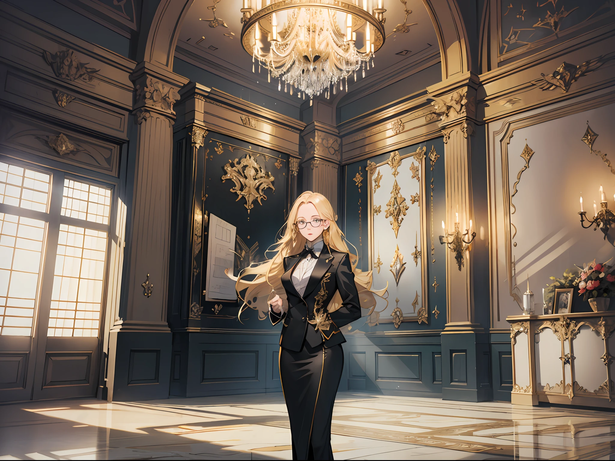 Masterpiece, Excellent, (Office: 1.5), CG drawing with super high detail, standing, royal sister, cold face, expressionless, a woman with long blonde hair, formal black suit, with gold wire glasses, high-end office, luxury, facing the audience, illustration, wide-angle panorama