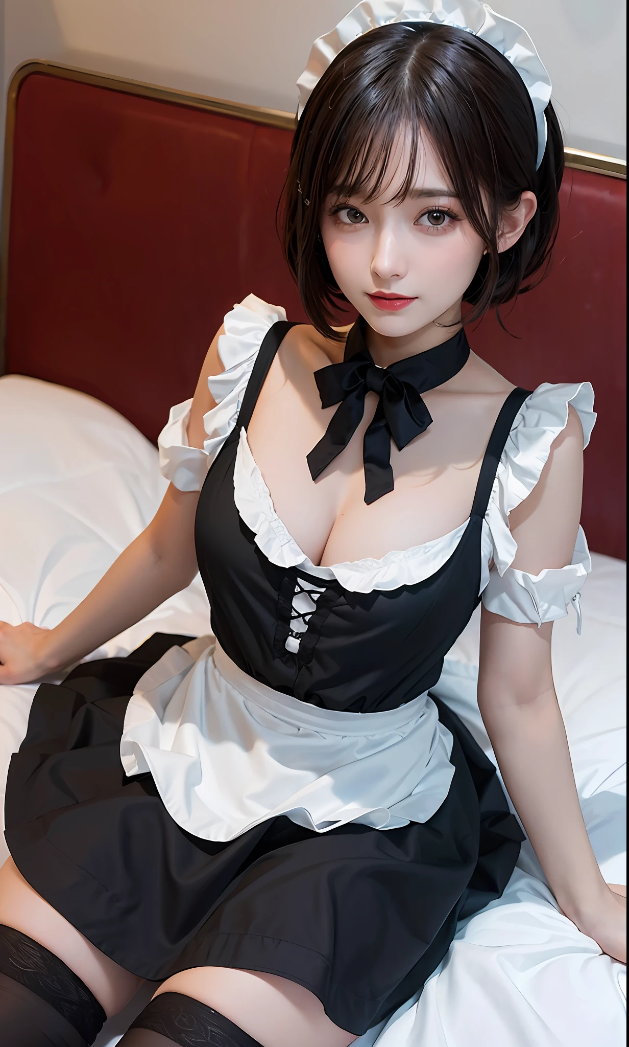 majicMIX Real, (Raw photo: 1.2), (Photorealistic: 1.4), short hair, beautiful detailed eyes, lying, showing off panties, sleeping in bed, showing off panties, huge file size, super detailed, high resolution, very detailed, top quality, masterpiece, illustration, highly detailed, CG, unification, 8k wallpaper, masterpiece, top quality, light on face, movie lighting 16 year old girl, clothes lift, dress, dress lift, garter straps, black and white maid dress, maid headdress, neck ribbon, CEO, (maid clothes: 1.2), maid cloth, mini swirl skirt, maid bandana, black stockings, red pants, backward facing