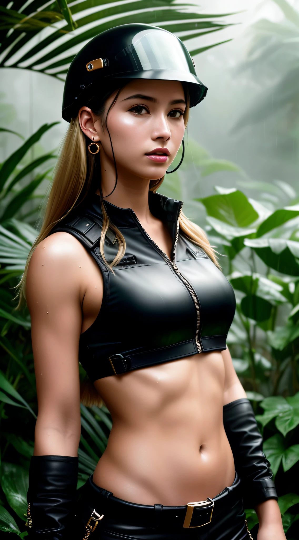 (thin: 1.3) Portrait of a female jungle commando, (blonde: 1.1), (shaved head: 1.35), black, (earrings, spikes, helmet, zippered sunglasses: 1.2), (wet: 1.2), (military equipment: 1.3) dark, gritty, gloomy, militaristic, (looking_at_ viewer: 1.3), Solo, Rainy Day, Bokeh, Dramatic Lightning, (Jungle Background: 1.2), ABS, Very Detailed, Masterpiece, Best Quality, 8k, (Oily Skin, Cell Shadow: 1.3), Color Line Drawings, (Art by Maciej Kuciara: 1.15), Art by Greg Rutkowski
