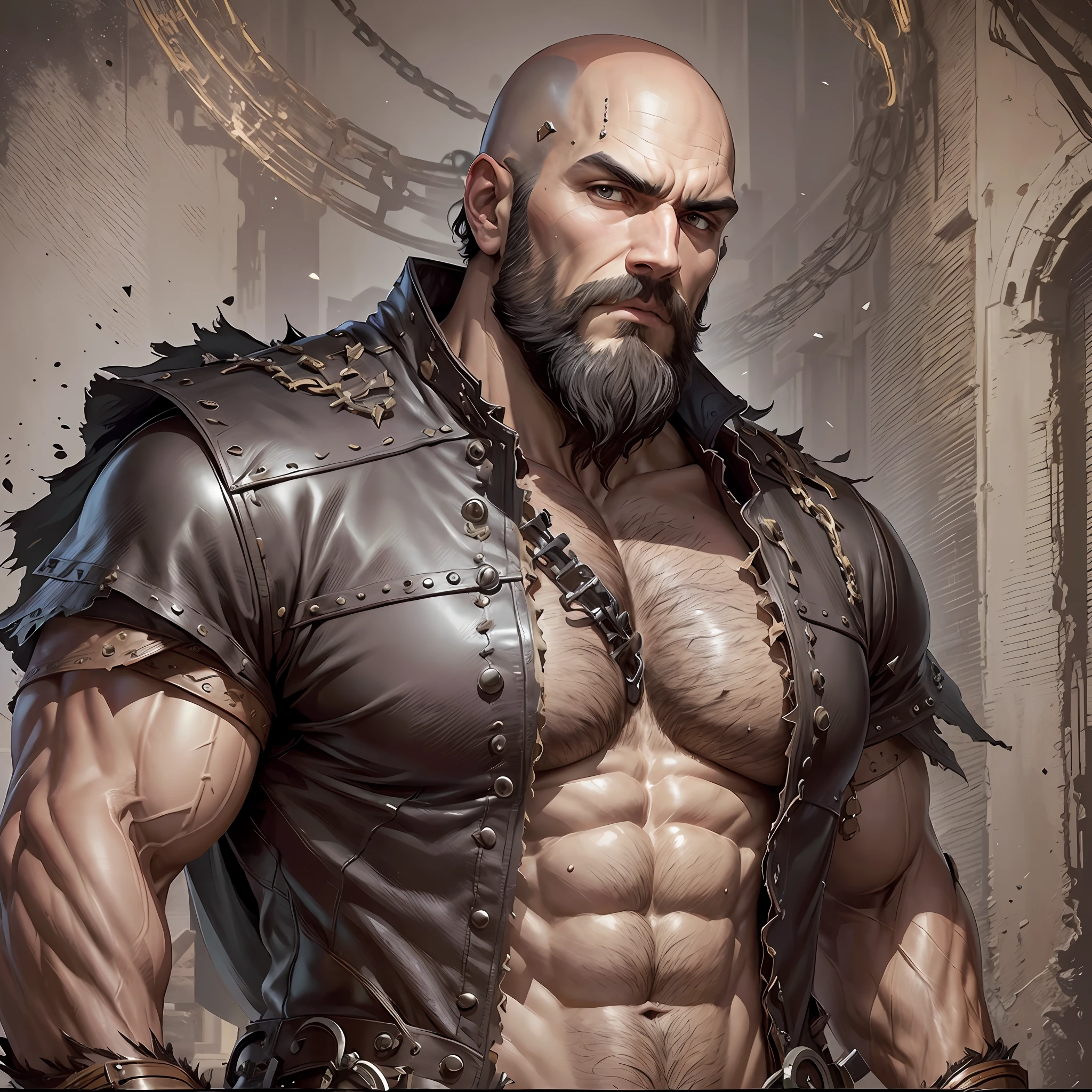 (masterpiece: 1.2, best quality), (adult: 1.2), , solo, upper body, naked eyes, (dark and black beard, bald: 1.2), leather clothes, strong, muscular and tall man, open chest, dark aura, intimidating posture, Longer leather robes, black beards, anime look --auto --s2