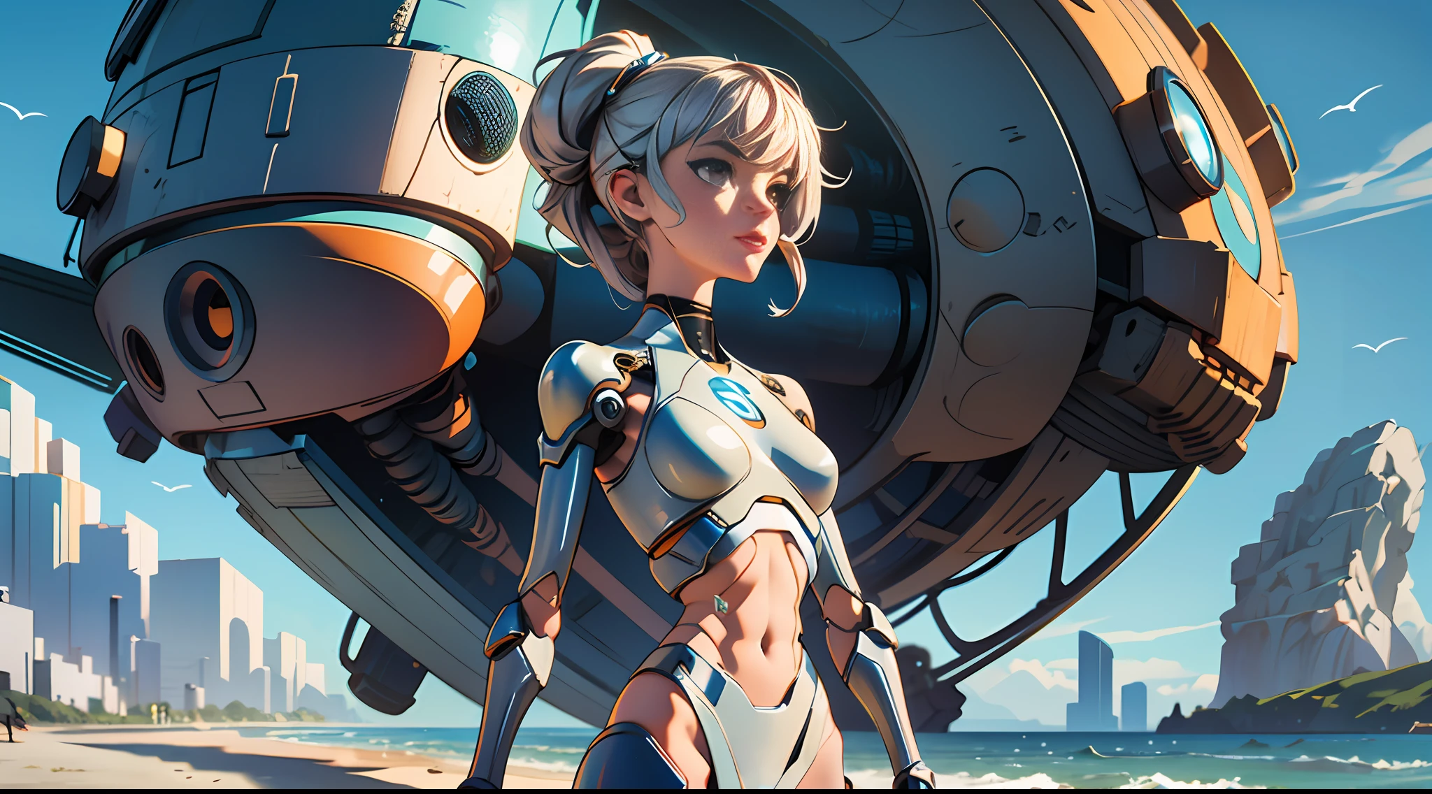 Best quality, delicate face, 25-year-old girl, slim body, body made of metal, small bust, metal structural skeleton, seaside, standing posture, beach, huge spaceship floating in the air, cyberpunk, sci-fi
