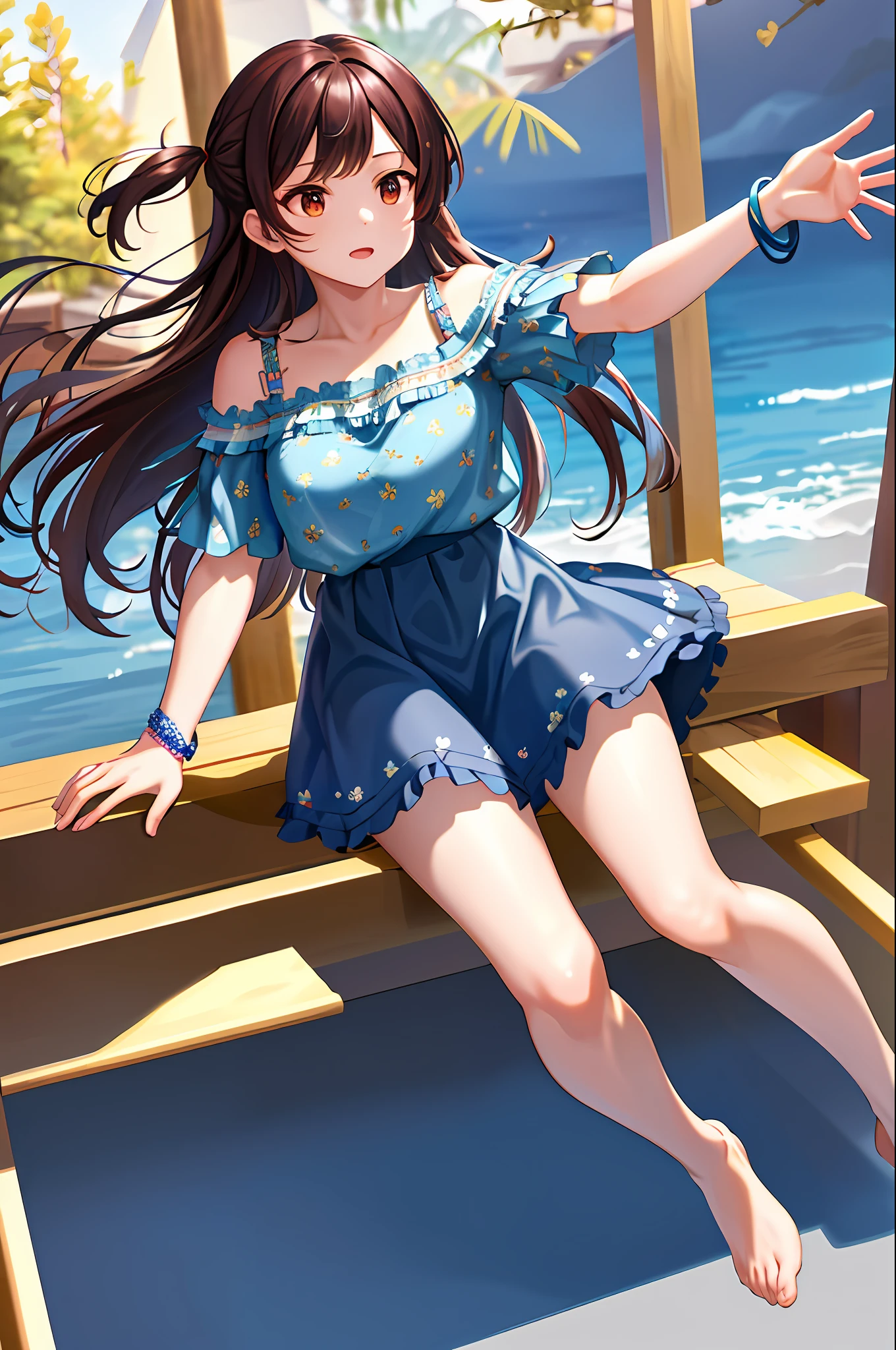 masterpiece, best quality, highres, chi1, 1girl, long hair, one side up, solo, bracelet, bangs, bare shoulders, blue shirt, floral print, short sleeves, off-shoulder shirt, frills, blue skirt, reaching out,