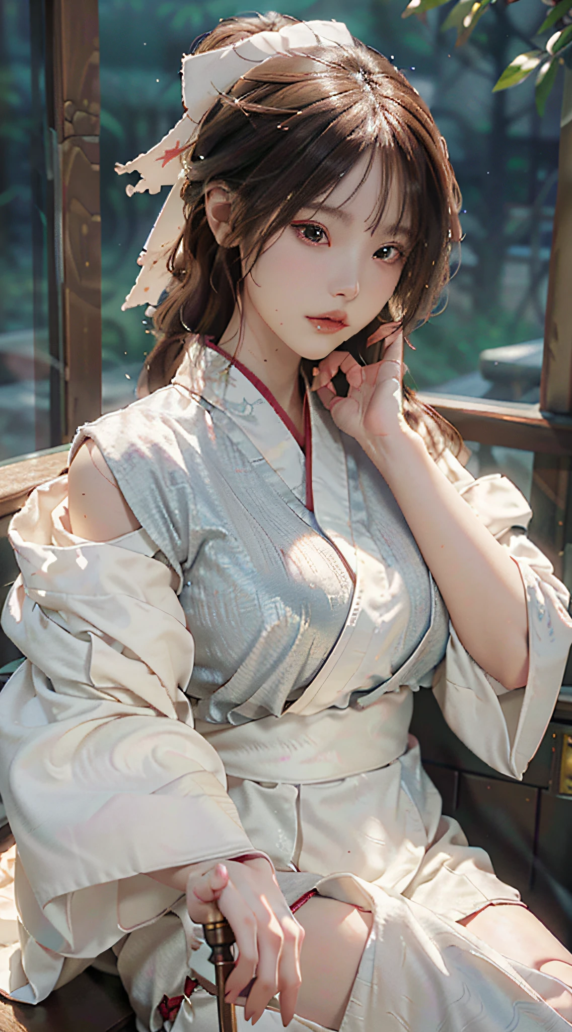 Close-up of a woman in a white dress holding a sword, portrait of Yang J, popularity of cgsociety, blindfolded with a black ribbon, fantasy art, beautiful figure painting, best quality, masterpiece, super high resolution, (realism: 1.4), original photo, portrait, (half: 1.4), ultra-wide angle, Guvez style artwork, Guwiz, white Hanfu, flowing white robe, full body martial arts, epic exquisite character art, stunning character art, beautiful woman