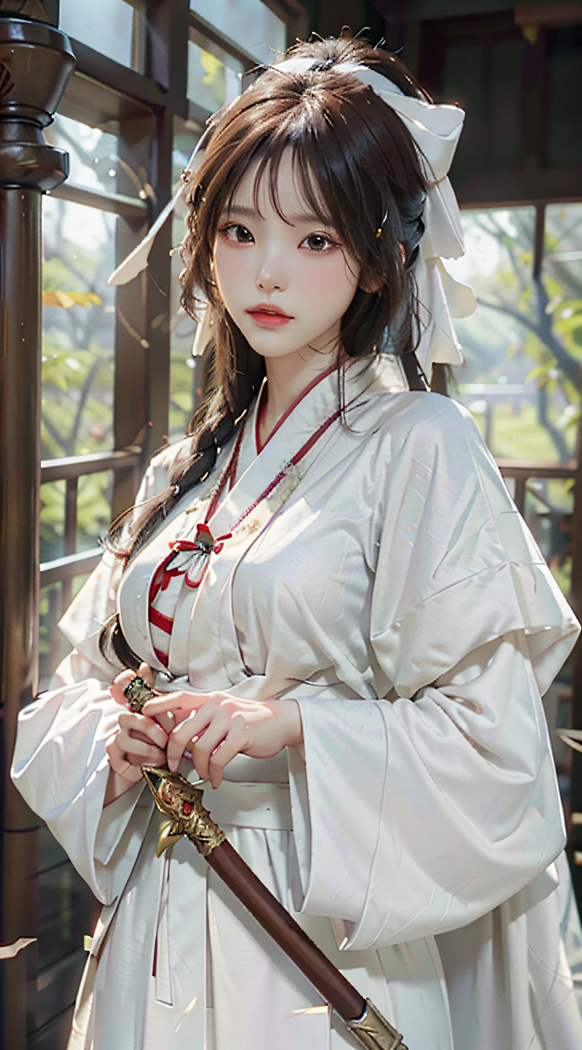 Close-up of a woman in a white dress holding a sword, portrait of Yang J, popularity of cgsociety, blindfolded with a black ribbon, fantasy art, beautiful figure painting, best quality, masterpiece, super high resolution, (realism: 1.4), original photo, portrait, (half: 1.4), ultra-wide angle, Guvez style artwork, Guwiz, white Hanfu, flowing white robe, full body martial arts, epic exquisite character art, stunning character art, beautiful woman