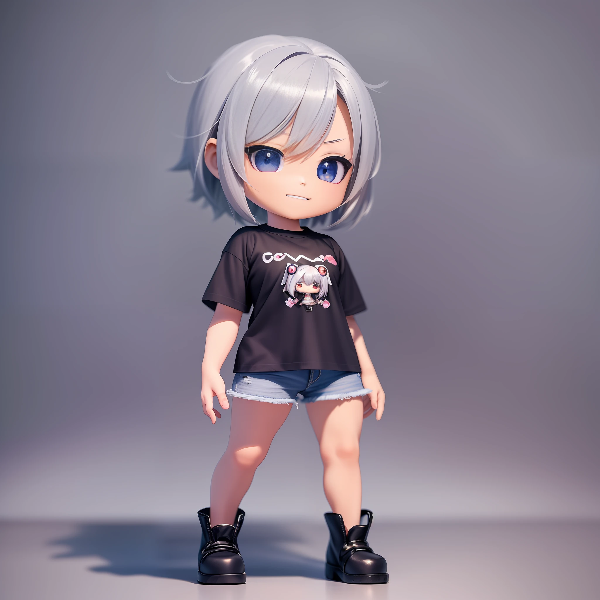 Top quality, masterpiece, Jeans and t-shirt clothes, (Chibi anime girl:1.4), gray hair, short hair, simple background, white background, (full body: 1.5), 3D vector art, standing, front view, pixie cut, (chibi: 1.4), grin