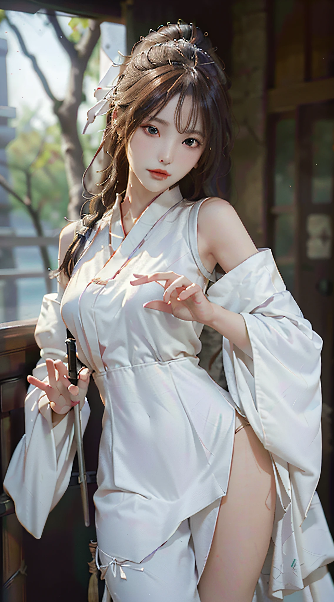 Close-up of a woman in a white dress holding a sword, portrait of Yang J, popularity of cgsociety, blindfolded with a black ribbon, fantasy art, beautiful figure painting, best quality, masterpiece, super high resolution, (realism: 1.4), original photo, portrait, (half: 1.4), ultra-wide angle, Guvez style artwork, Guwiz, white Hanfu, flowing white robe, full body martial arts, epic exquisite character art, stunning character art, beautiful woman