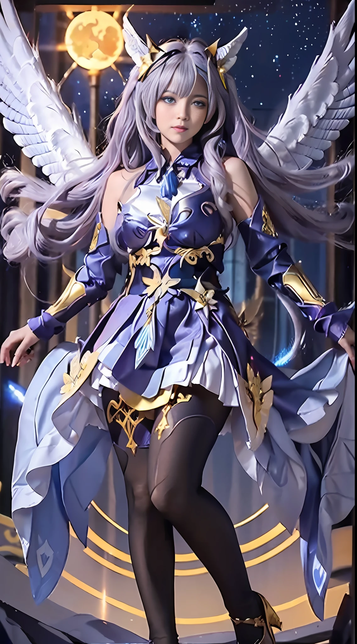 Extremely high detail, extremely high quality, extremely high quality of light, a mysterious Valkyrie, angel girl, full body, front shot, looking at the audience, angelic golden armor skirt, floating long hair, plump breasts, bare shoulders, stockings, blue eyes, wings, sky city, sun, aurora, stars, clouds,