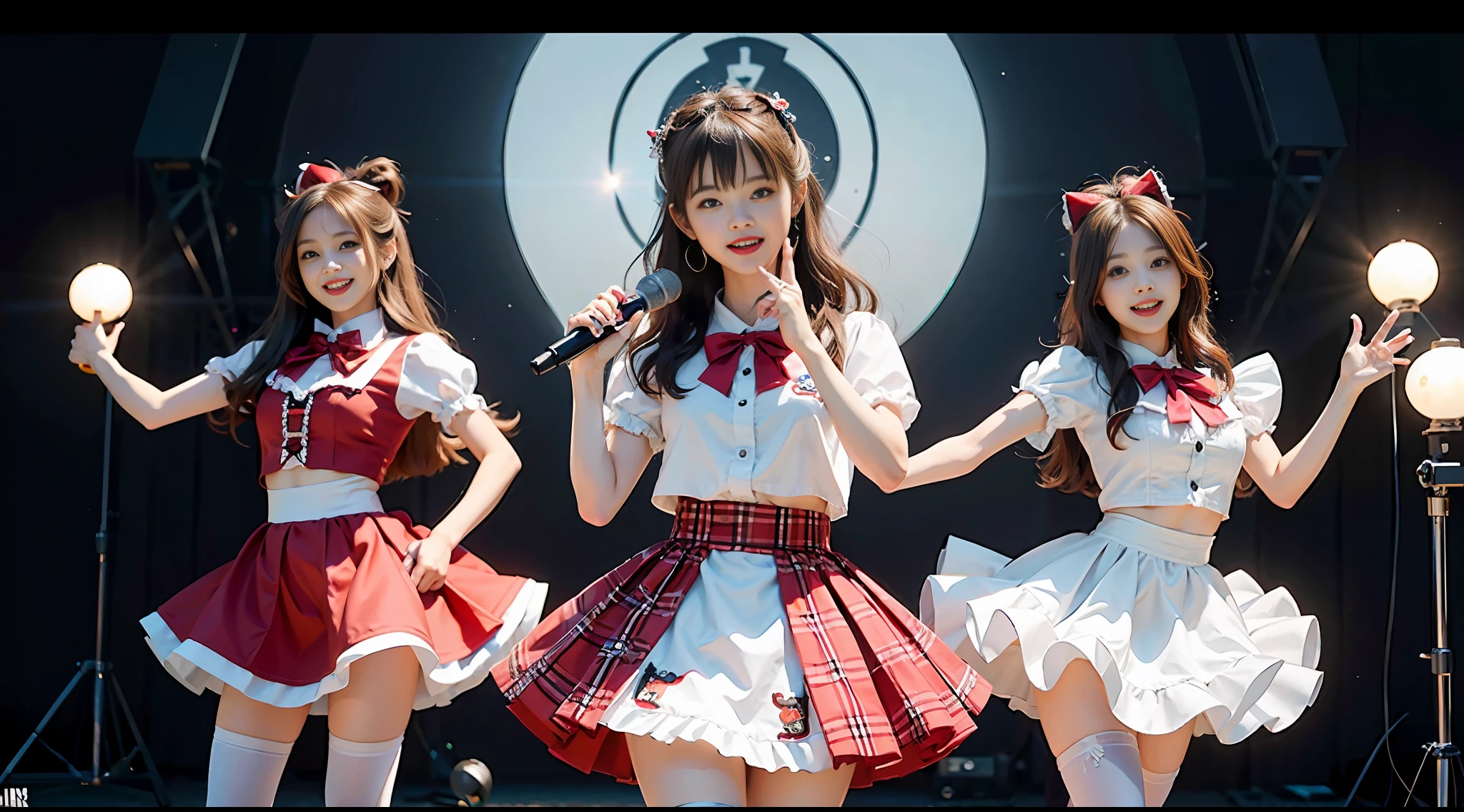 Circular image, (Representative work: 1.3), (Best quality: 1.2), (Masterpiece), High quality, High definition, (Five Persons: 1.4), (Round image)), (Fisheye)), [(White background: 1.1): 5], [(Colorful idol stage: 1): 5], 5  girls singing together, cute, floating, [(Cute idol costume in red and white: 1.2): 5] {{ {Five persons}}}}, ((good anatomy: 1.2)), ((red)) half twin (red and (white)), pantyhose, smiling, mouth open, (random pose), watch viewer, fluffy miniskirt, ((plaid: 1.2)), ribbon, (((just cute)), non-exposed, perfect body, perfect number of legs, perfect fingers {{{5 fingers}}}