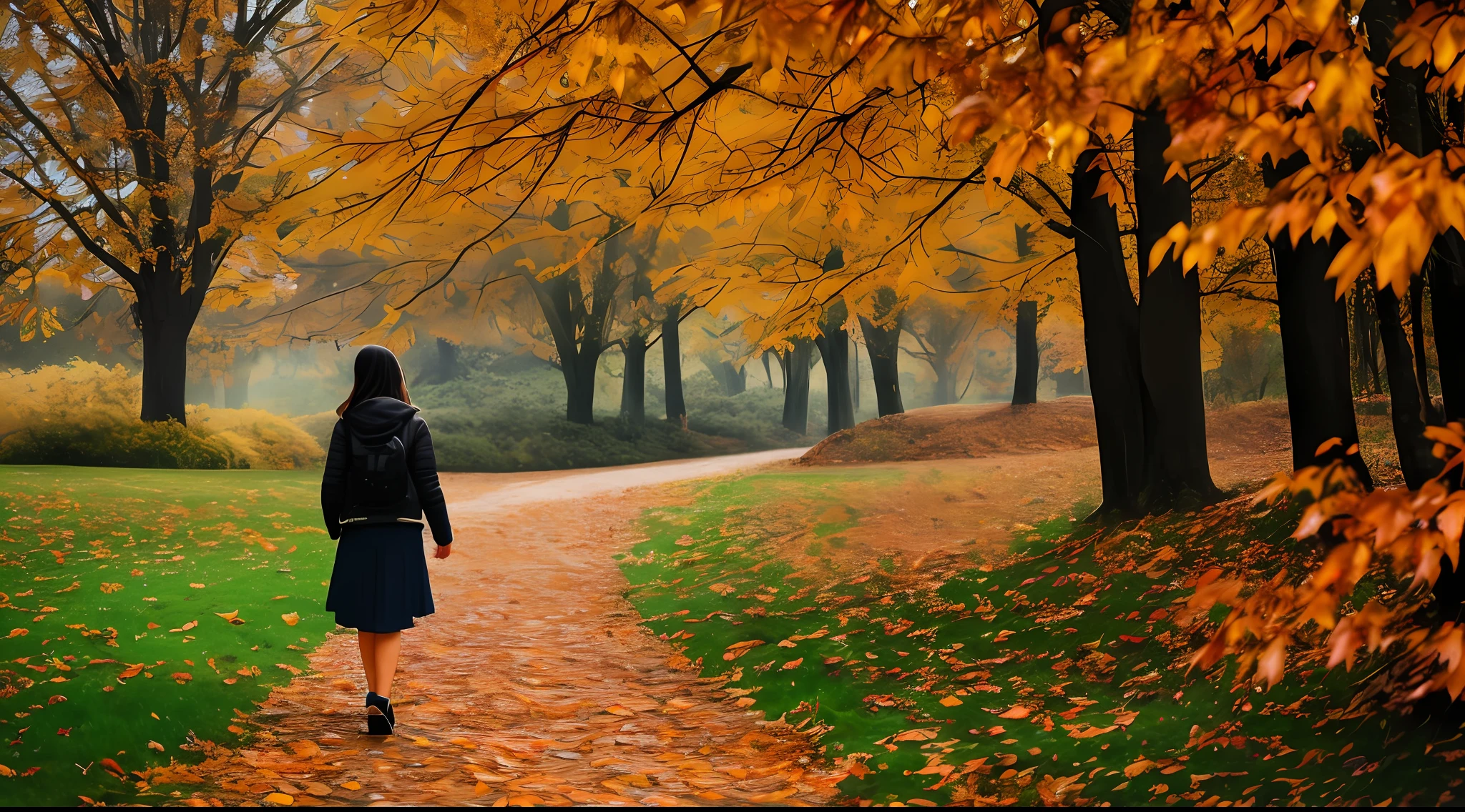 a girl walking away from camera in a place with lots of leaves on the ground and autumn colors, masterpiece, best quality, high quality, extremely detailed, 8k resolution, landscape with texture, award winning photography, HDR, Photorealistic,extremely detailed, Intricate, High Detail, dramatic, extremely charming, calm place, perfect contrast, perfect lighting, dawn, mist, small water drops on leaves, sony camera