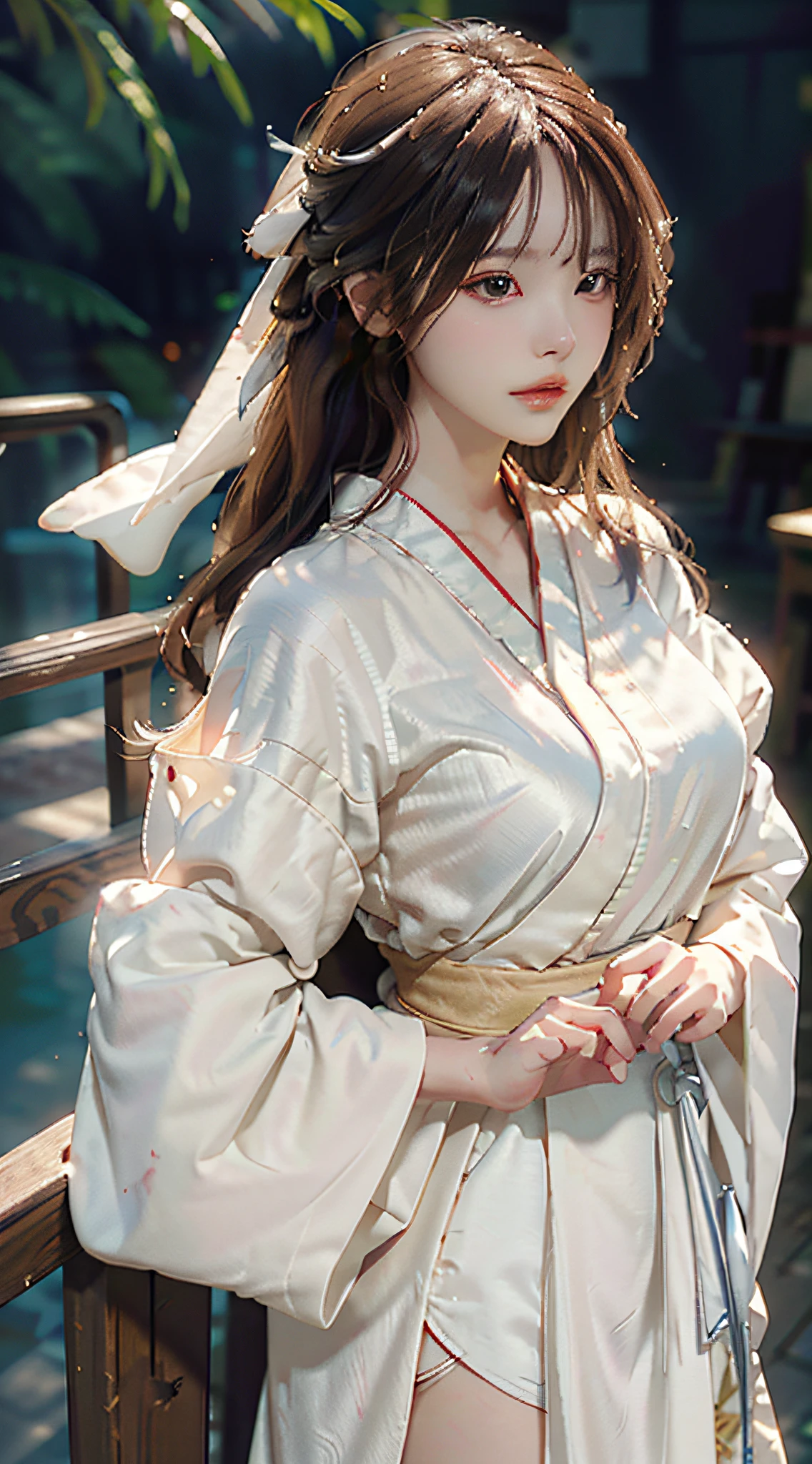 Close-up of a woman in a white dress holding a sword, portrait of Yang J, popularity of cgsociety, blindfolded with a black ribbon, fantasy art, beautiful figure painting, best quality, masterpiece, super high resolution, (realism: 1.4), original photo, portrait, (half: 1.4), ultra-wide angle, Guvez style artwork, Guwiz, white Hanfu, flowing white robe, full body martial arts, epic exquisite character art, stunning character art, beautiful woman