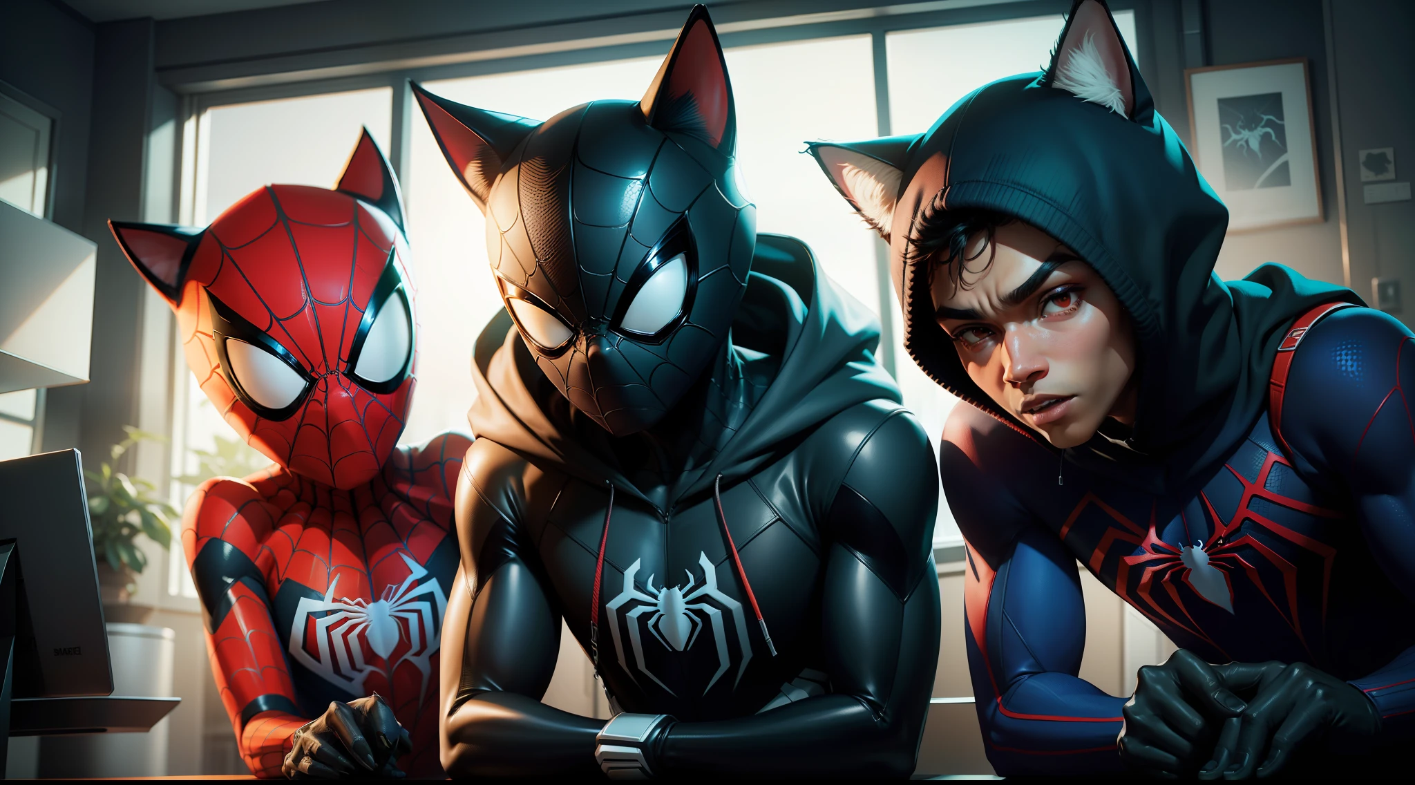 spider cat - spider - man and spider - man in a dark room, spider - verse art style, into the spiderverse, spiderverse, into the spider verse, futuristic style spiderman, miles morales!!!, 3840 x 2160, 3840x2160, miles morales, hq 4k wallpaper, rendered in sfm, super detailed render