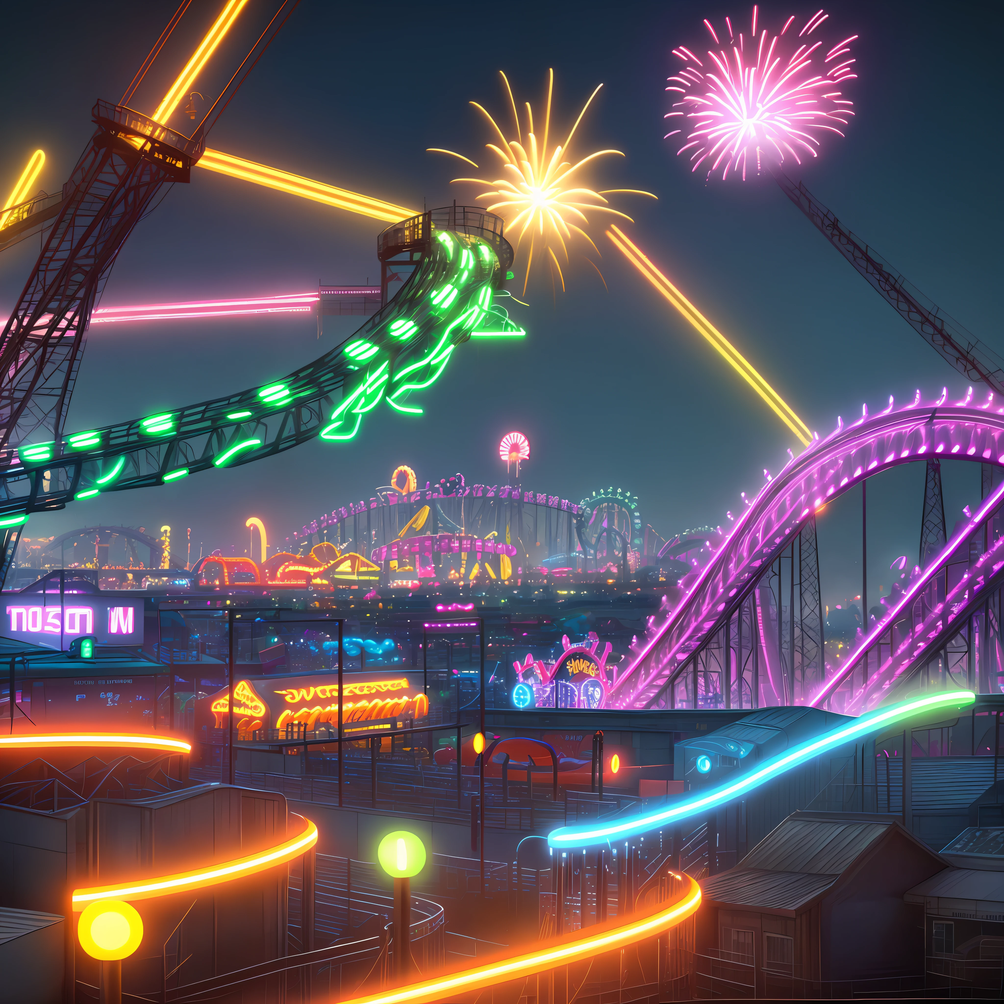 (pt) "amusement park, a thrilling roller coaster ride with upside-down loops, high speed twists, and dizzying drops, surrounded by bright neon lights and excited screams of visitors, captured in ultra-detailed 4K CG rendering, with dynamic camera angles and high saturation for an incredibly vibrant and exhilarating experience."