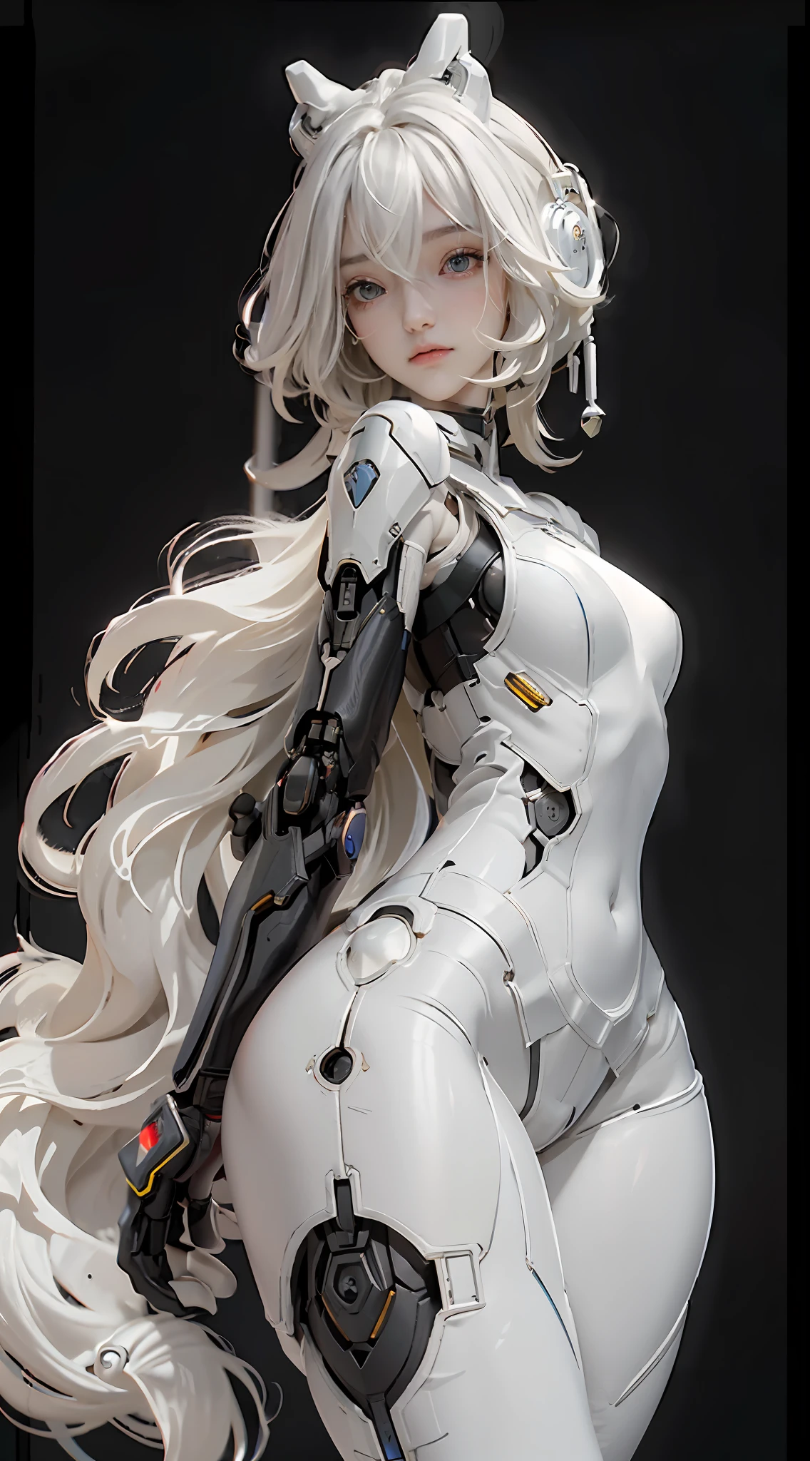 Extremely cute human eighteen year old girl face, human torso, human huge boobs, human abdomen, human hips, robotic arms, mechanical legs, arms and legs with hard white shiny shell and black joints, very beautiful and feminine, short, petite, small, small, busty buttocks, medium bust, cleavage display, flat belly display, partial helmet with antenna on the ear, black robot joints, very stylish, award-winning product design, black rubber tights, Shiny white metal cuirass opens at cleavage and belly, white metal rump with folds, armor with stylish, glowing trim, mecha fox tail