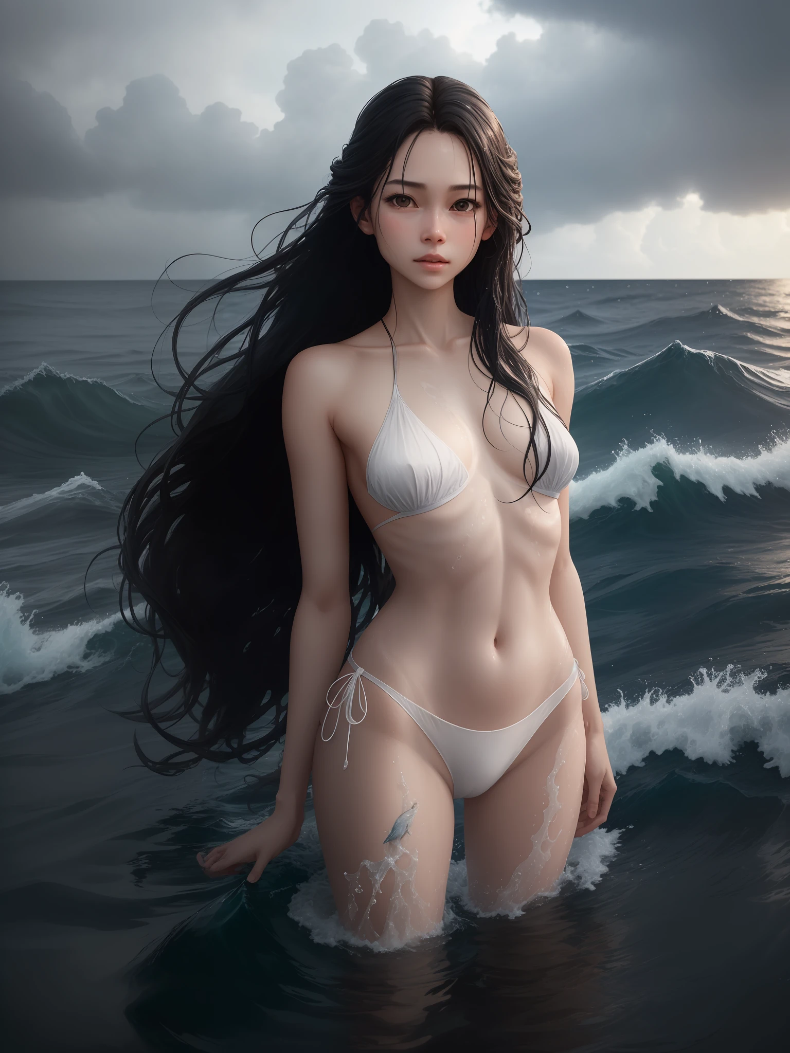 award winning photo, highest quality, extremely detailed, (realistic), photorealistic, (bright) 1girl, solo, laterial view, standing in ocean, (immersed in water:1.2), upper body, arms behind head, armpits, looking away, (topless),, nude, white side-tie panties, cameltoe, detailed face, perfect face, Age:21, long straight dark hair, (mini breasts), ponytail, bright outdoors, vast ocean, waves, rainy, daytime, distant bird in sky, cloudy, soft light, cinematic lighting, film photograph, f1.6 lens hyper realistic lifelike texture dramatic, dynamic light, (ulzzang-6500-v1.1:0.3),