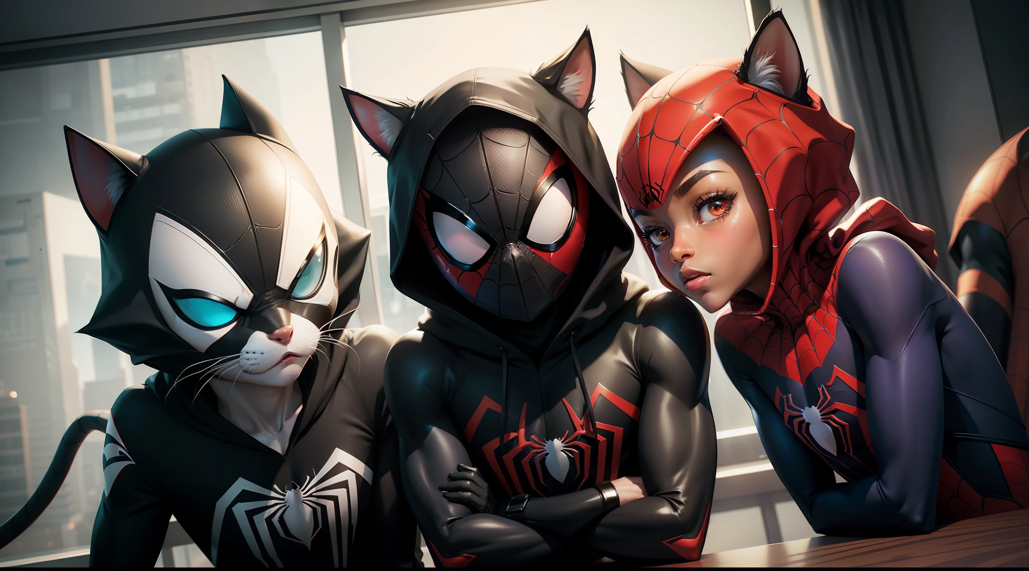 spider cat - spider - man and spider - man in a dark room, spider - verse art style, into the spiderverse, spiderverse, into the spider verse, futuristic style spiderman, miles morales!!!, 3840 x 2160, 3840x2160, miles morales, hq 4k wallpaper, rendered in sfm, super detailed render