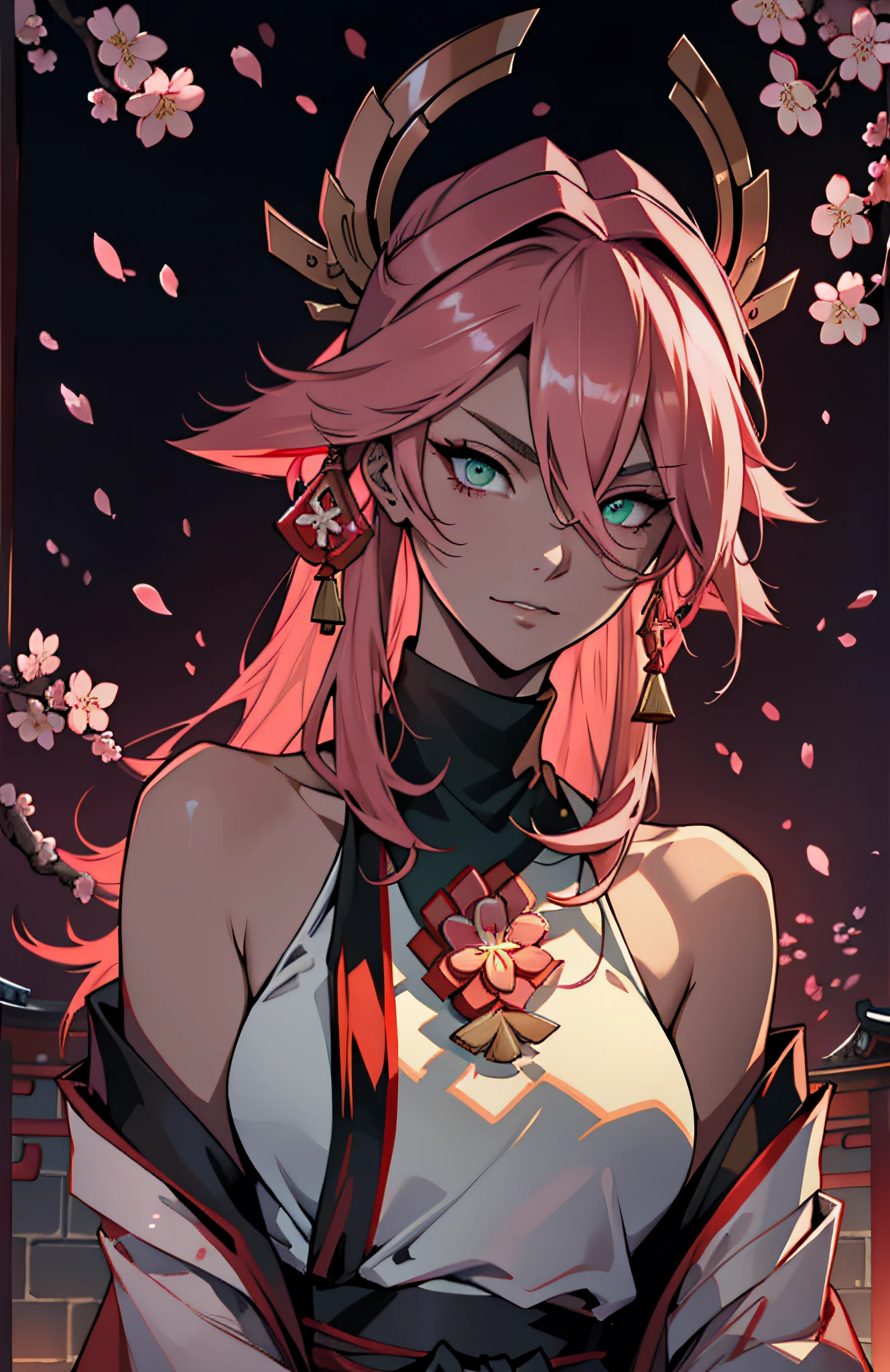 (Masterpiece, Excellent, 1girl, solo, complex details, color difference), realism, ((medium breath)), off-the-shoulders, big breasts, sexy, Yae Miko, long pink hair, red headdress, red highlight, hair above one eye, green eyes, earrings, sharp eyes, perfectly symmetrical figure, choker, neon shirt, open jacket, turtleneck sweater, against the wall, brick wall, graffiti, dim lighting, alley, looking at the audience, ((mean, seductive, charming)), ((cherry blossom background ))),((Japanese temple background)))), (((Glow-in-the-dark background)))