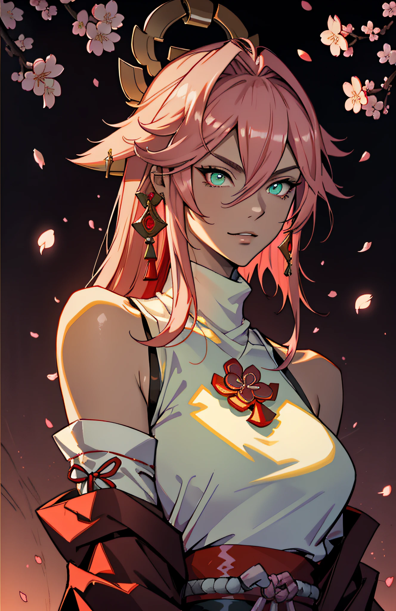 (Masterpiece, Excellent, 1girl, solo, complex details, color difference), realism, ((medium breath)), off-the-shoulders, big breasts, sexy, Yae Miko, long pink hair, red headdress, red highlight, hair above one eye, green eyes, earrings, sharp eyes, perfectly symmetrical figure, choker, neon shirt, open jacket, turtleneck sweater, against the wall, brick wall, graffiti, dim lighting, alley, looking at the audience, ((mean, seductive, charming)), ((cherry blossom background ))),((Japanese temple background)))), (((Glow-in-the-dark background)))