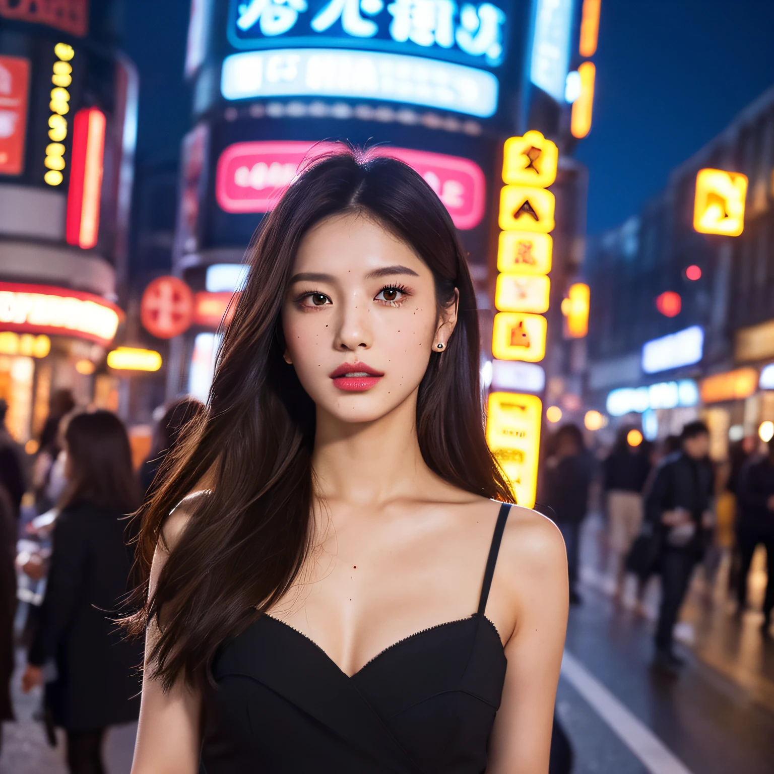 best quality, masterpiece, ultra high res, (photorealistic:1.4), RAW photo, ((small mole under right eye)) ,(brown pretty small mole on chest), plus size, over exposure:1.3, A 24-year-old gravure idol, dressed in a (value:0.9)sophisticated black dress(value:0.9), exudes a (value:1.3)captivating presence(value:1.3) among the (value:1.2)dazzling streetlights(value:1.2) and (value:0.7)passersby(value:0.7) of the (value:1.1)urban night corner(value:1.1). With a (value:0.8)confident posture(value:0.8), she walks, bringing out the (value:1.6)allure of the city at night(value:1.6) illuminated by (value:1.5)dazzling neon signs(value:1.5).