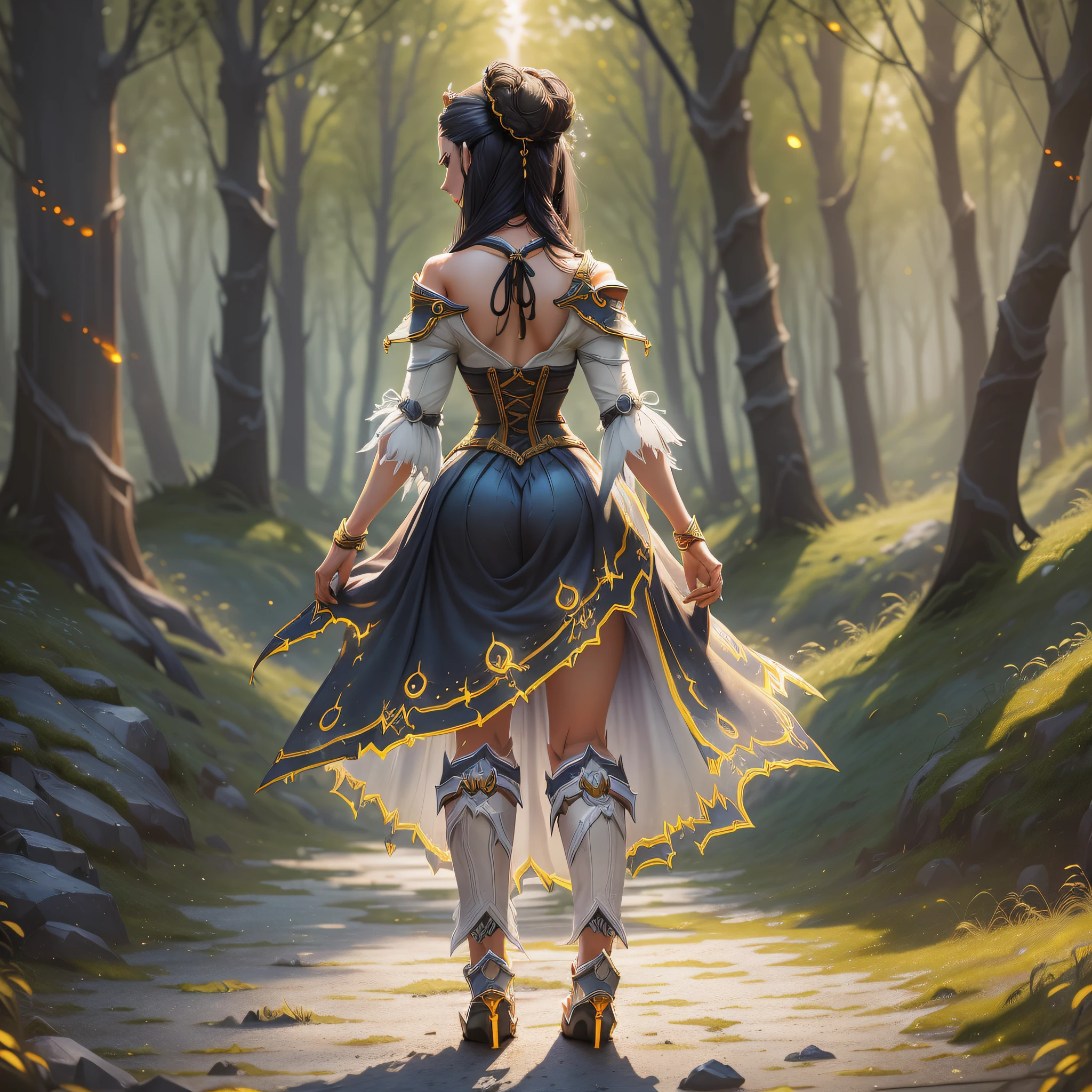 FS, an albino girl with perfect facial features and black hair as long as Rapunzel's, stands against a picturesque forest backdrop. She has a graceful body with a small bust and long, sexy legs. The girl looks stunning in an intricately patterned organza dress. Her high-heeled shoes are elegantly adorned with golden patterns. The backside sunlight creates an outline around her silhouette from behind, while a soft and filling light illuminates her from the front. This scene has photorealistic qualities and is concept art, (creating a wow effect:2), artstantion, with hyper-high detail,cinematic colour