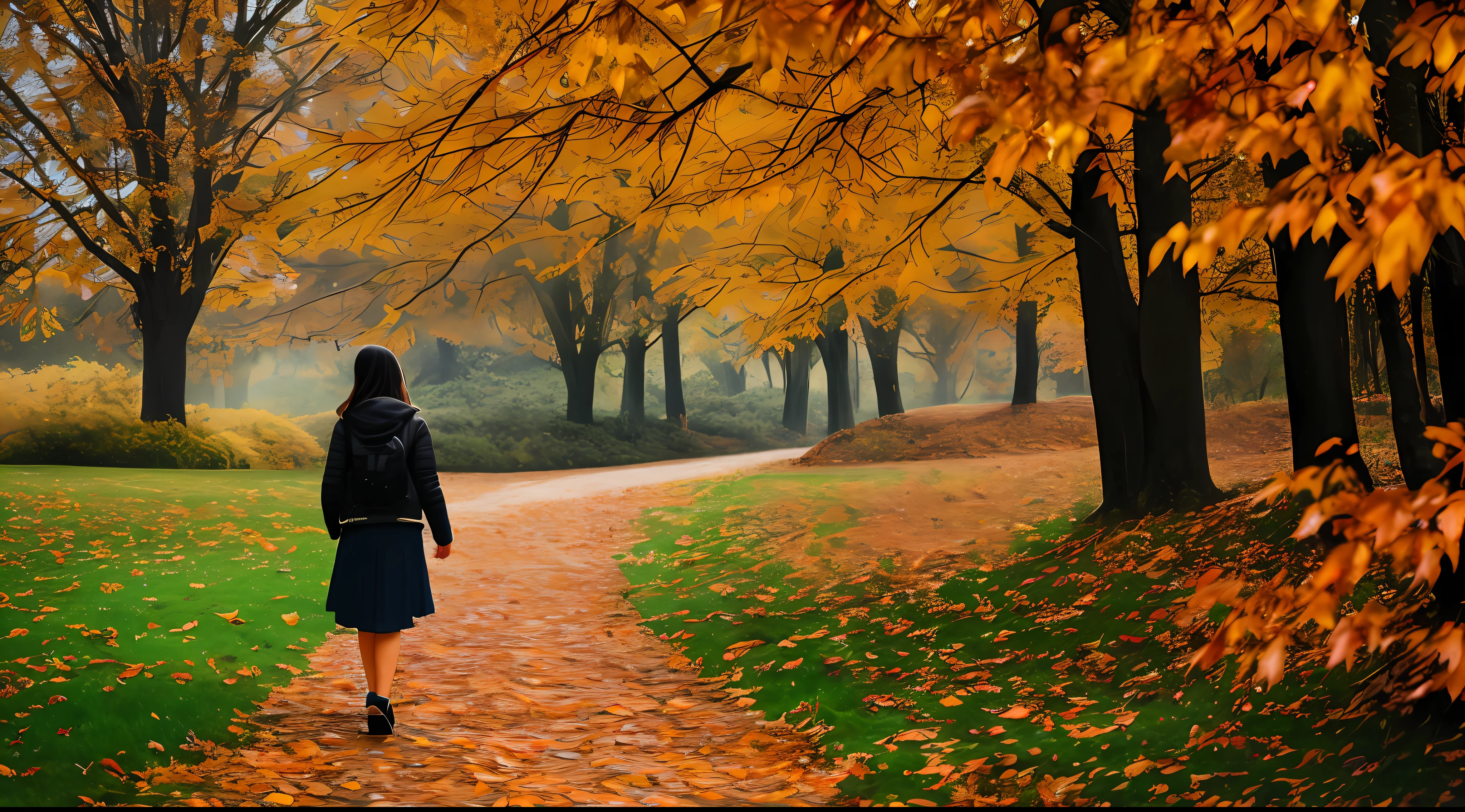 a girl walking away from camera in a place with lots of leaves on the ground and autumn colors, masterpiece, best quality, high quality, extremely detailed, 8k resolution, landscape with texture, award winning photography, HDR, Photorealistic,extremely detailed, Intricate, High Detail, dramatic, extremely charming, calm place, perfect contrast, perfect lighting, dawn, mist, small water drops on leaves, sony camera