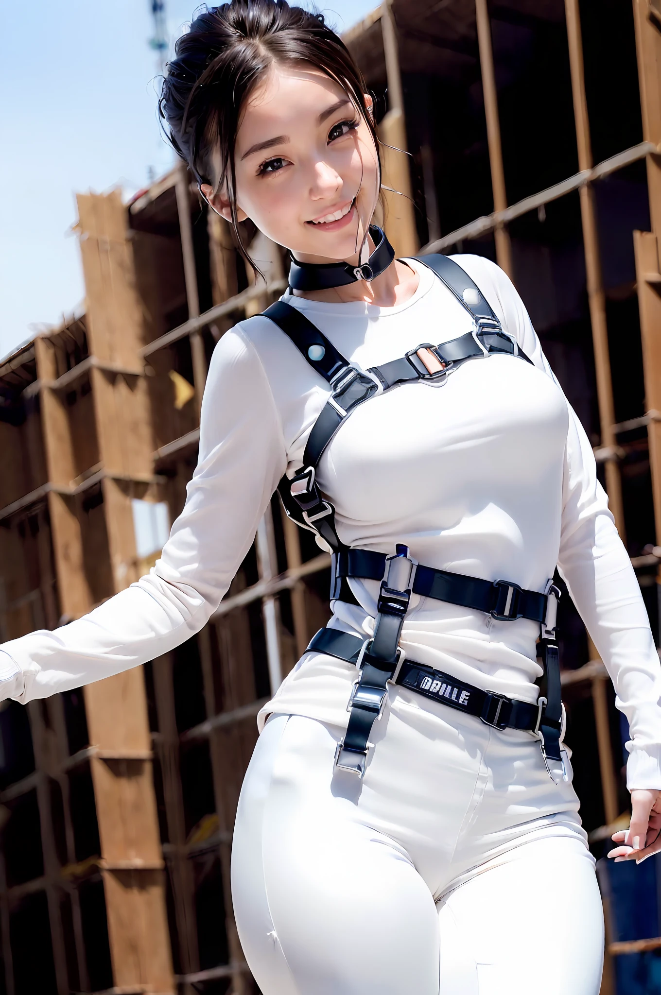 (((Workwear, brand burtle,tight long sleeve jacket, tight cargo pants, top and bottom set, top and bottom same color)))), (realistic workwear), (perfect body: 1.1), 
photorealistic, (masterpiece), (best quality:1.0)(super high definition:1.0), seductive anime girl, photorealistic perfect body, beautiful attractive anime woman, perfect body with realistic shades, photorealistic anime, photorealistic anime girl rendering, ultra realistic anime, beautiful anime girl,best quality, High resolution, realistic shadows, (((high resolution)), detailed skin, ultra detailed, (((fine skin)), ruddy skin, (smiling in trouble), shiny hair, (hairstyle), (detailed face), perfect eyes, glowing eyes, full body shot: 0.8, 1 woman, white tight t-shirt, (perfect body: 1.1), (((construction site, full harness ))